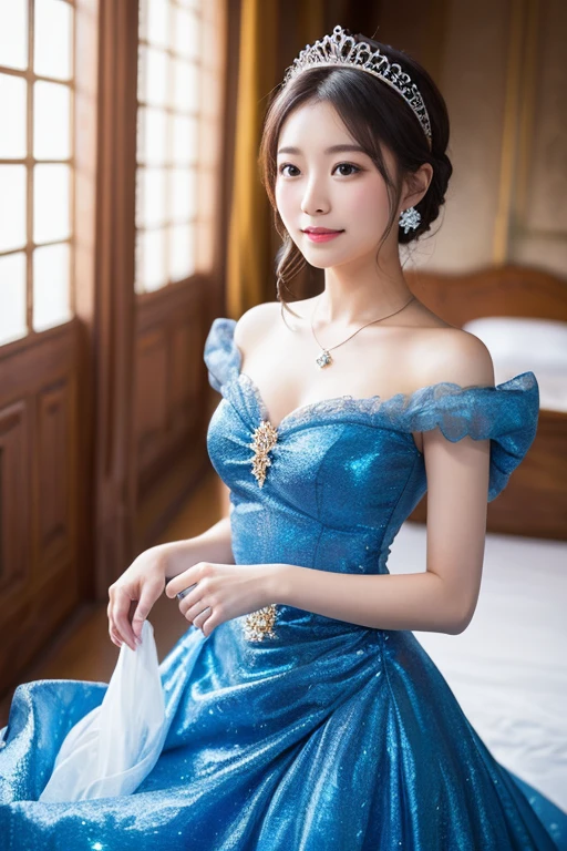 1 girl, excellence, best, wonderful face and eyes, (big round eyes:1.1), (Highly detailed beautiful face), highest quality, RAW photo, Photoreal, very detailed and beautiful, Smile, professional photos, cinematic lighting, Disneyland, cinderella princess dress costume, ruffle costume, off shoulder, beautiful breasts, cleavage, Disneyland ornament, Day, colorful, Cinderella Castle, (view from below)