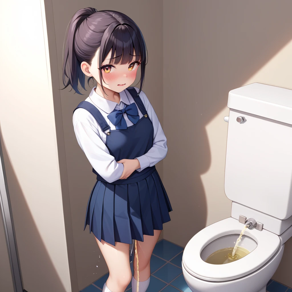 (ultra-detailed, best quality, anatomically perfect body:2), (1 girl, peeing, very Vigorously to peeing:2), (public restroom, squat toilet bowl:2), (maxi dress, long skirt, loafers:2), (erotic twist of the body, crouching, open crotch wide, leaning forward:1.6), (constricted pupils:1.2), (nose blush:2), (embarrassment:1.4), (flying sweat:1.6), (breathless:1.5), (squinting eyes, looking afar:1.5), (open mouth wide), (shiny skin), (pee puddle:1.6), (pee splashing, drops of pee:1.3), (panties around one leg:1.6), (detailed pussy:1.2), (from behind:2), caughtpeeing, toiletrec,toilet use,