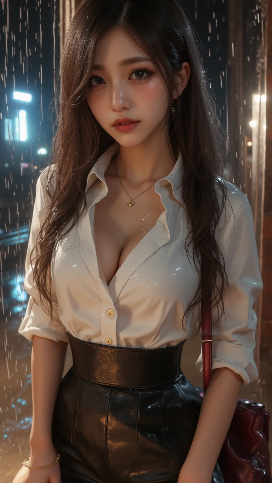 ((A girl running through the streets of New York))、(RAW shooting, Photorealistic:1.5, 8k, Highest quality, masterpiece, Ultra-high resolution), Perfect dynamic composition:1.2, Night Street Corner, Looking up at the sky:1.3, (((Heavy rain from a typhoon))), Highly detailed skin and face textures:1.2,( Wet slim woman in the rain:1.3), Sexy beauty, Perfect Style:1.2, Aesthetic and beautiful, Fair skin, Very beautiful face, (Rain dripping all over my body:1. 2, Wet Hair:1.4, Wet:1.2), Water droplets on the skin, (Medium sized breasts, Chest gap), (Shy laugh, The expression when feeling intense caressing, Facial expression when feeling pleasure), (Beautiful blue eyes, Beautiful erotic eyes:0.8), (Too erotic:0.9, Alluring:0.9),((Wet white blouse))、((No sleeve)),((Wet tight skirt)) Second bag, Perfect body, Perfect fingertips(Girl sitting on train seat)、Best quality work,Actual work,Ultra Premium Graphics,8K HD CG works,High quality graphics,High-definition CG works,10x pixels,Extremely fine detail:1.1,Advanced Technical Details:1.1 Photorealistic,Indoor lighting effects:1.5,Natural light:1.5. Light effects(virtual Light effects:1.8),(Golden white short hai(RAW shooting, Photorealistic:1.5, 8k, Lift-up skirt,