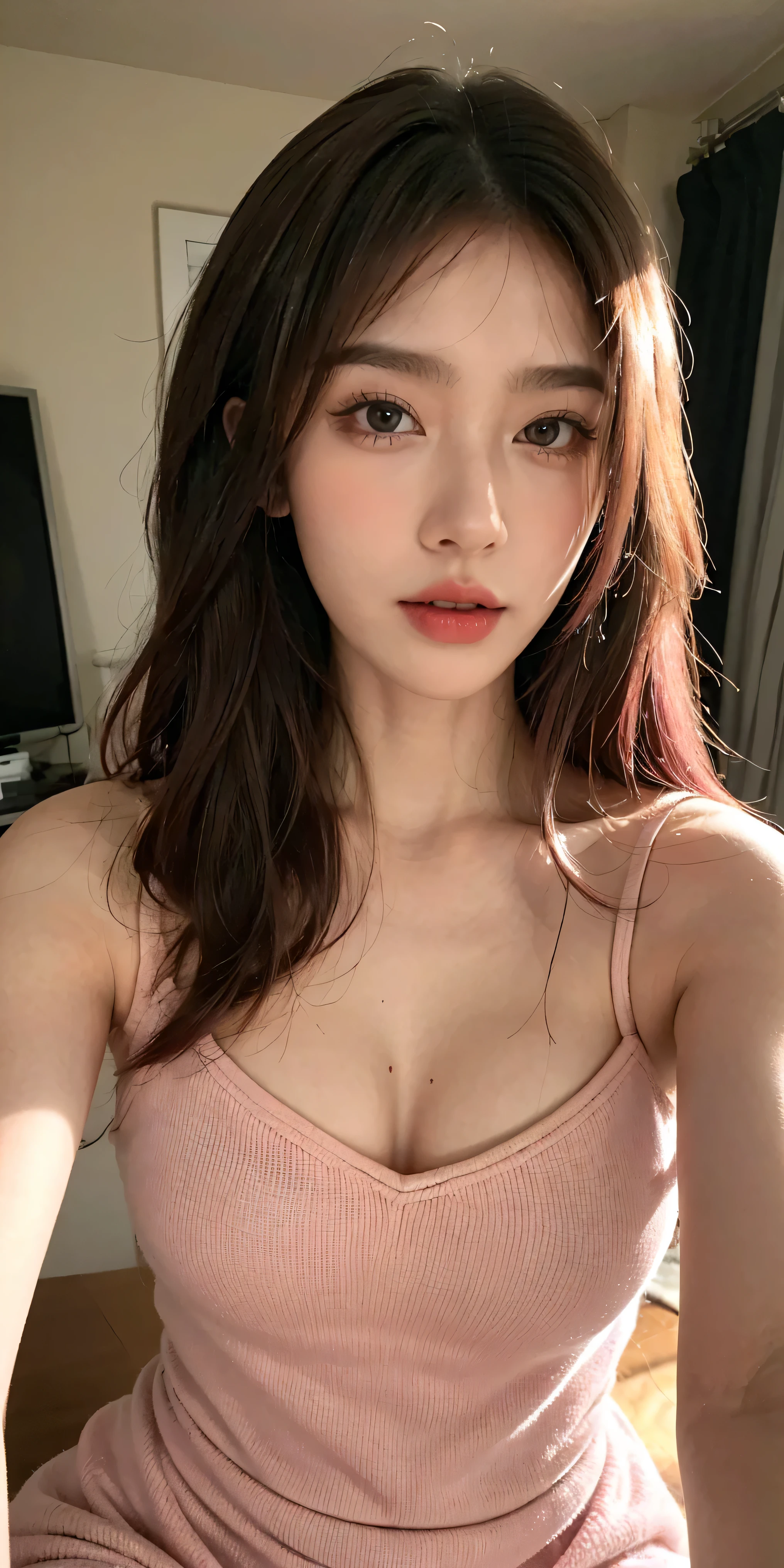 (Genuine, High resolution:1.3), One girl with perfect body, Very beautiful face and eyes,Long Hair, Random color tank top:1.2, Short jeans, Big Breasts,Exposing cleavage,,Shirtlift