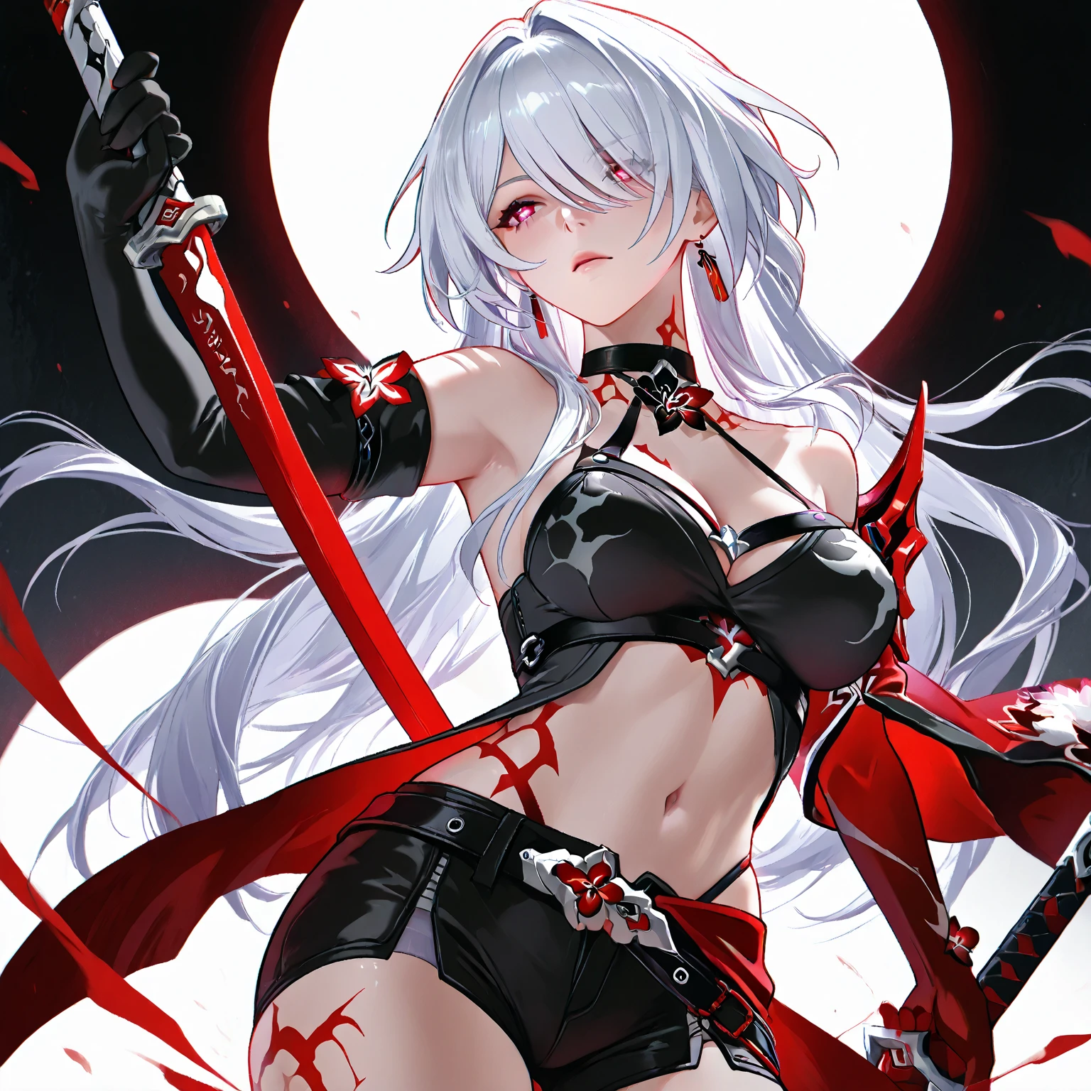 silver hair　long hair　red eyes　small breasts　girl　young　Wields a large sword　black underwear