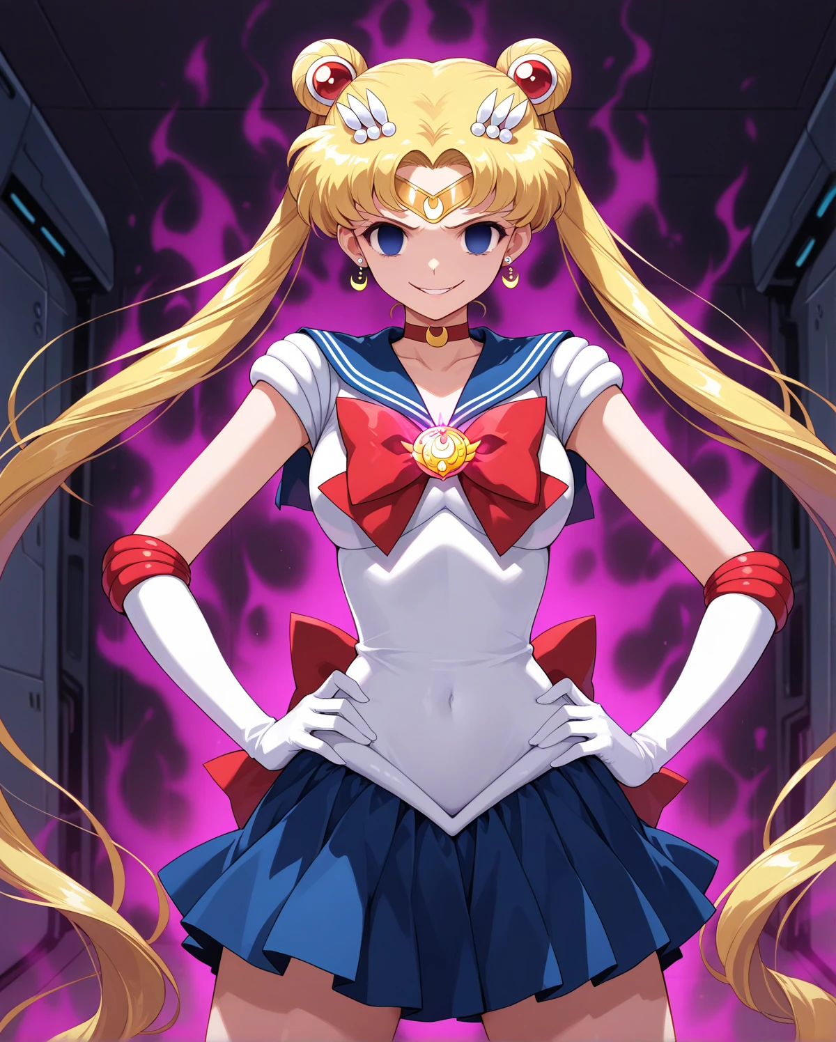 sailor moon, 1 girl, tsukino usagi, sailor senshi uniform, boots, blue eyes, blonde hair, breasts, gloves, miniskirt, long hair, choker, red choker, big breasts, cameltoe, double bow, white gloves,, blue sailor collar, red shoes, sailor collar, open legs, bow, long white stockings, mechanical arms ,mecha musume,future city ,new dawn, BLONDE HAIR