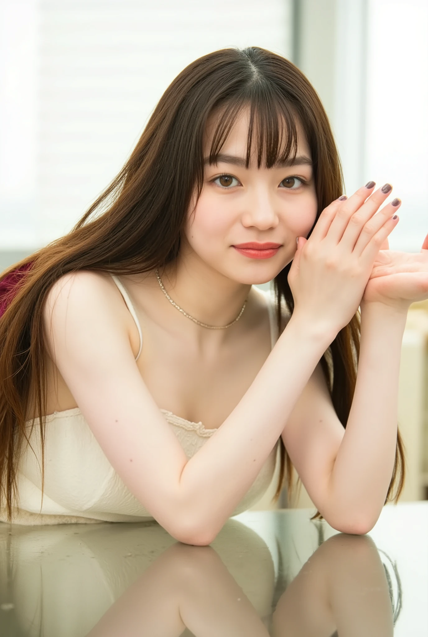 a beautiful southeast asian girl lying face down on a glass table, her lips are red, long wavy brown hair, naked, in the photo from a side angle, the beautiful southeast asian girl is looking at the camera, the background is a living room.