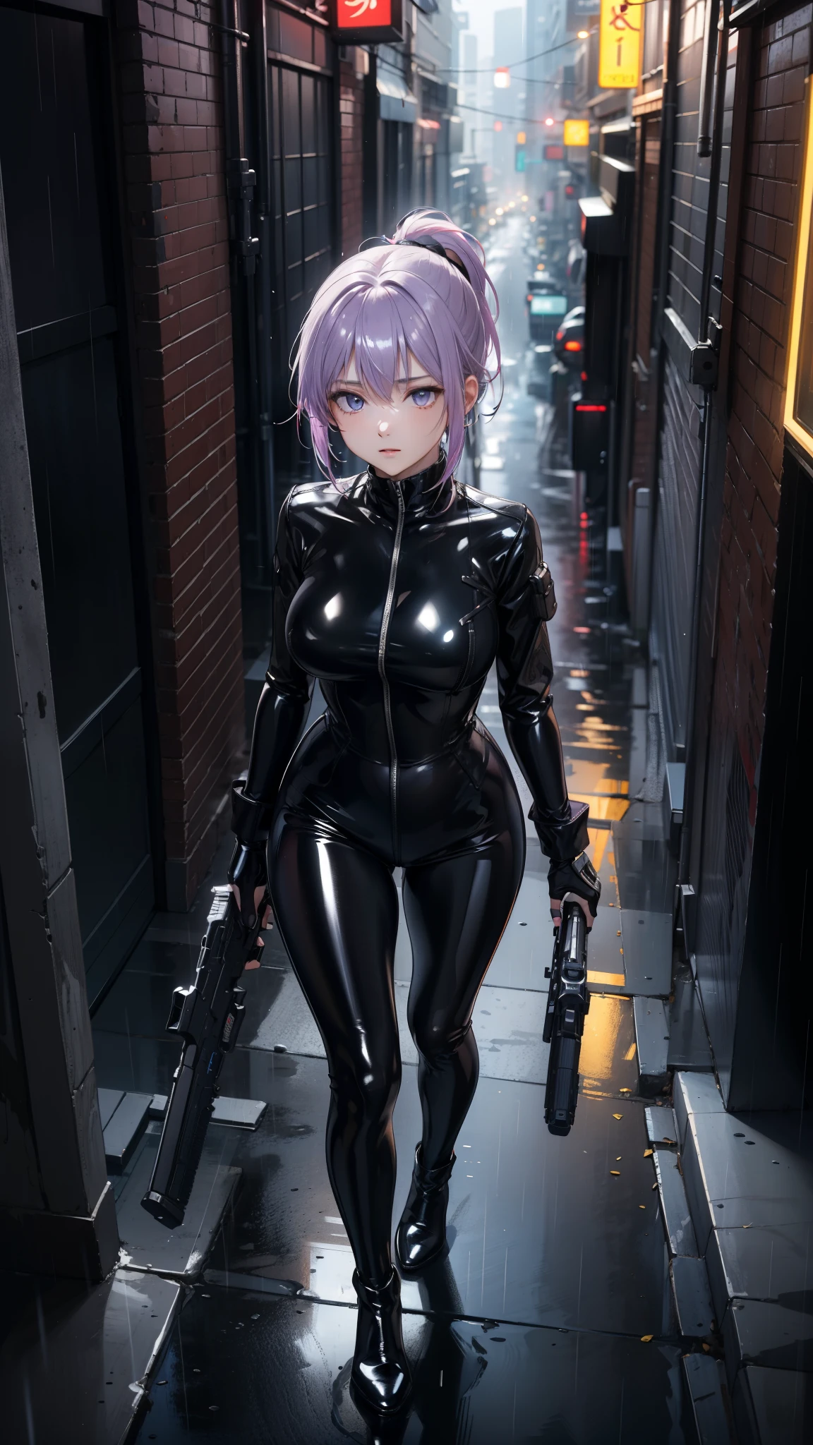 (Masterpiece, best quality, Detailed), a chic, Alone, walking, ((seen from above)), (Holds a gun with his hand), ojos Detaileds, purple eyes shirt, Lavender hair short ponytail, Love, Medium breasts, ((black latex bodysuit)), (black gloves, ((shiny black leggings)), black boots, al aire libre, city, cyberpunk, (rain),  night, city lights, Neon lights, dark alley