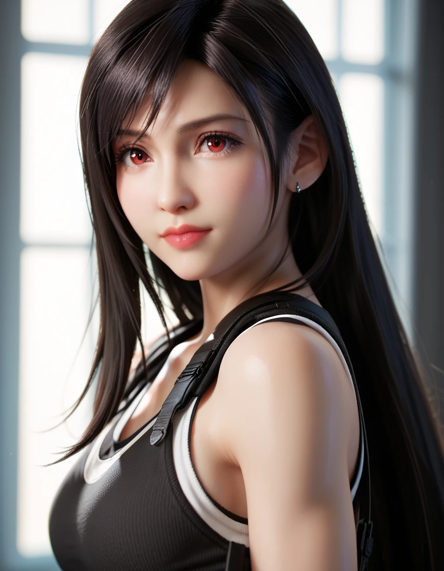 (best quality, ultra-detalhado, Realistic:1.37), Tifa Lockhart, rosto delicado, Rosto detalhado, Sweet smile expression, Corpo Perfeito, textura ultra realista, Retratos, vivid colors, soft lighting