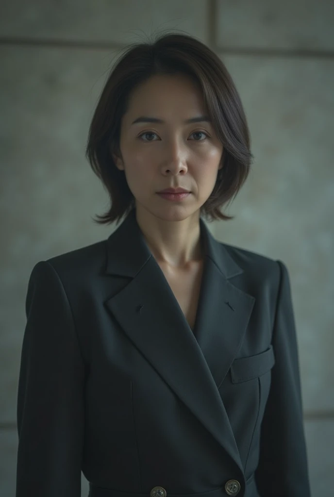 ((Best Quality, 8k, Masterpiece: 1.3)), Photorealistic, Sharp Focus, High Quality, High Definition, Portrait, Solo, Japan, Middle Aged Woman, Beauty, Clothes with Cleavage View, 23years old, Plump, Wavy Hair, ((wearing, (Formal jacket dark blue), White shirt, Short tie, Short pleated skirt is plaid, Socks are dark navy, Theme color is dark navy)), Wrinkles at the corners of the eyes, (Show panties:1.5)), Open legs, Narrow backyard, Lots of boxes, Lots of files, Dark background