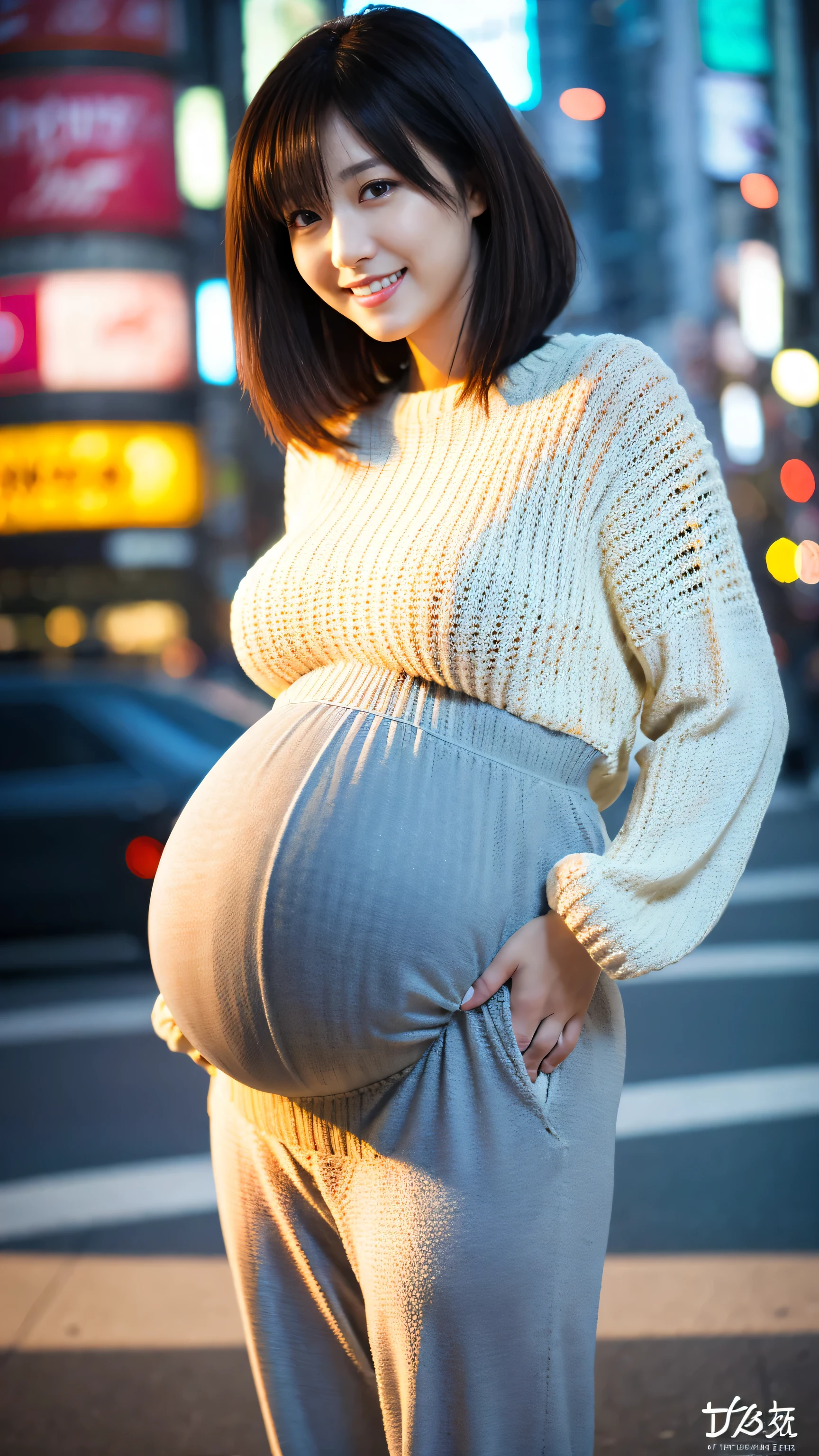 very very big pregnant midriff asian beautiful woman,belly button, city,long sleeve croptop and jeans,walking