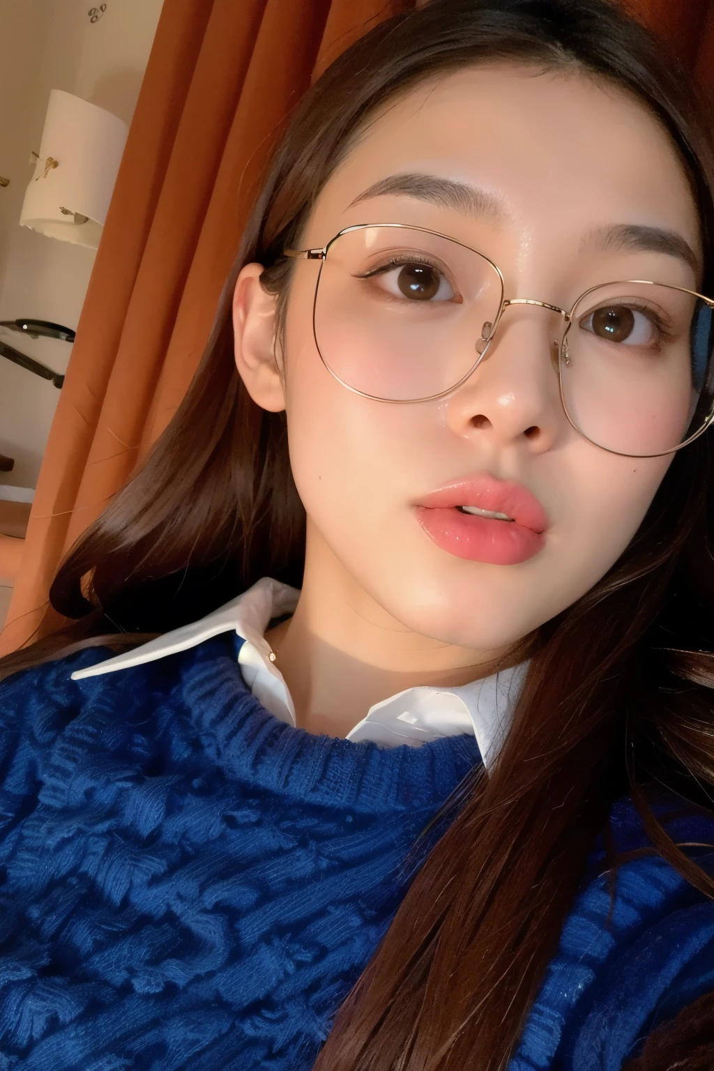 Cute tan Chinese girl wearing glasses, tight jeans, extremely detailed face,