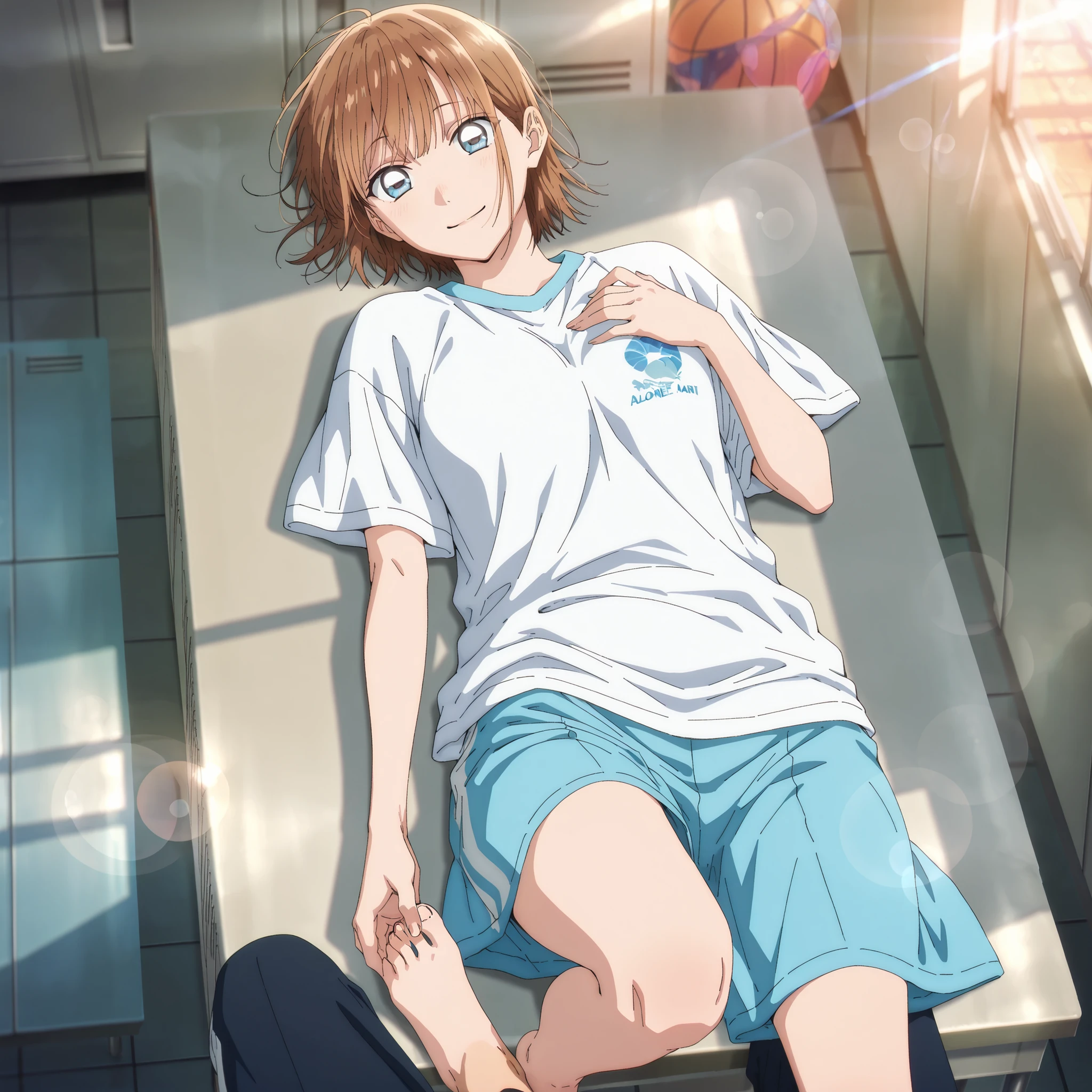 masterpiece, , Unusual clothes, high resolution, detailsed background, high resolution, masterpiece, need, details, best quality, quality, need, detailss, High detailss, accurate, locker room、 locker、lens flare,sunlight on a blurry background, (From the above), one girl on her back, detailsed, one girl on her back,alone, Chinatsu Kano, ,anime screen capture that doesn't show a man's foot, anime style that is close to the face and chest,Hesitation, look at the camera and smile