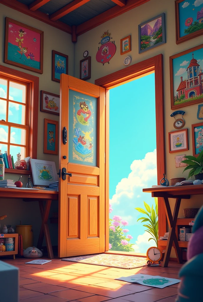 create an image with a door in an animation room on the right side
