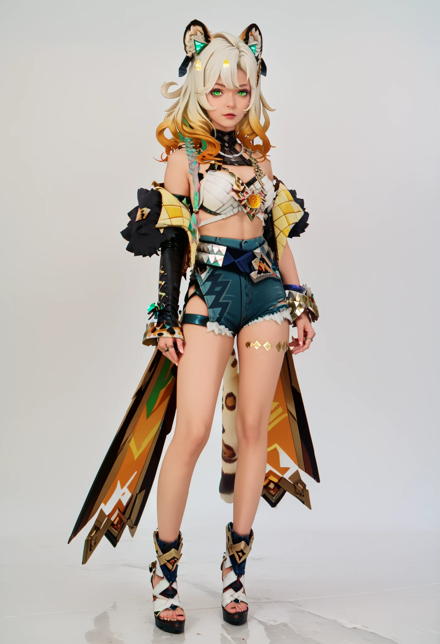 score_9, score_8_up, score_7_up, full body, Photorealistic, masterpiece,best quality,amazing quality, ultradetailed, 1girl, eyes contact, eyes contact, oturmuş, xilonen, multicolored hair, green eyes, animal ears,