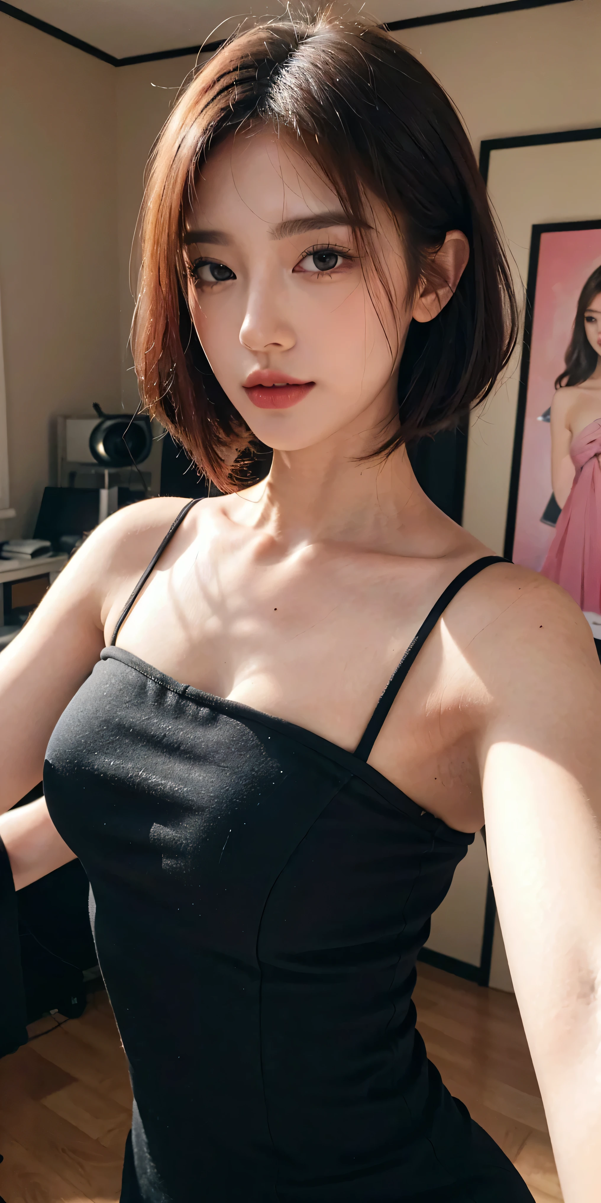 ((night view、realistic light、Top image quality、8K、Masterpiece:1.3))、1 girl in、slim and beautiful figure:1.4、(brown hair、Medium chest:1.3)、off-the-shoulder cropped top:1.3、sofa、Very rich facial details、Detailed eyes、double eyelids、Arav woman wearing black top and grey jacket, Photos of Ayami Kojima, Instagram, Neo-Dadaism, Kiko Mizuhara, short hair, chin length hair, Avatar profile picture, bob haircut, Black-haired Ishidaho, bob haircut, French bob hair, Dilireba, black bob hair