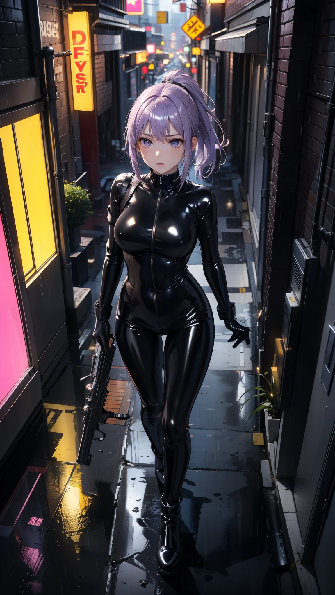 (Masterpiece, best quality, Detailed), a chic, Alone, walking, ((seen from above)), (Holds a gun with his hand), ojos Detaileds, purple eyes shirt, Lavender hair short ponytail, Love, Medium breasts, ((harness)), (Love en el muslo), ((black latex bodysuit)), (black gloves, ((shiny black leggings)), black boots, al aire libre, city, cyberpunk, (rain),  night, city lights, Neon lights, dark alley