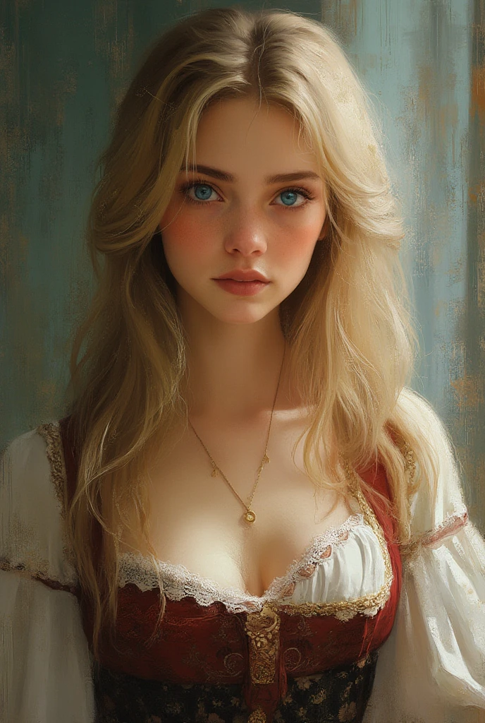 masterpiece, oil painting of Guinwen as a peasant girl, 8K, 1 girl, realistic oil painting, pretty face, Gesicht von Guinwen, beautifully detailed eyes, sehr detailliert, blondes Haar, blonde Haare, graue Augen, sichtbare Taille, large breasts, huge breasts, Haaransatz, dancing in the spring, voll bekleidet, medieval, Portrait, harbour in the background, cages, full body, ((oil painting)), full cleavage