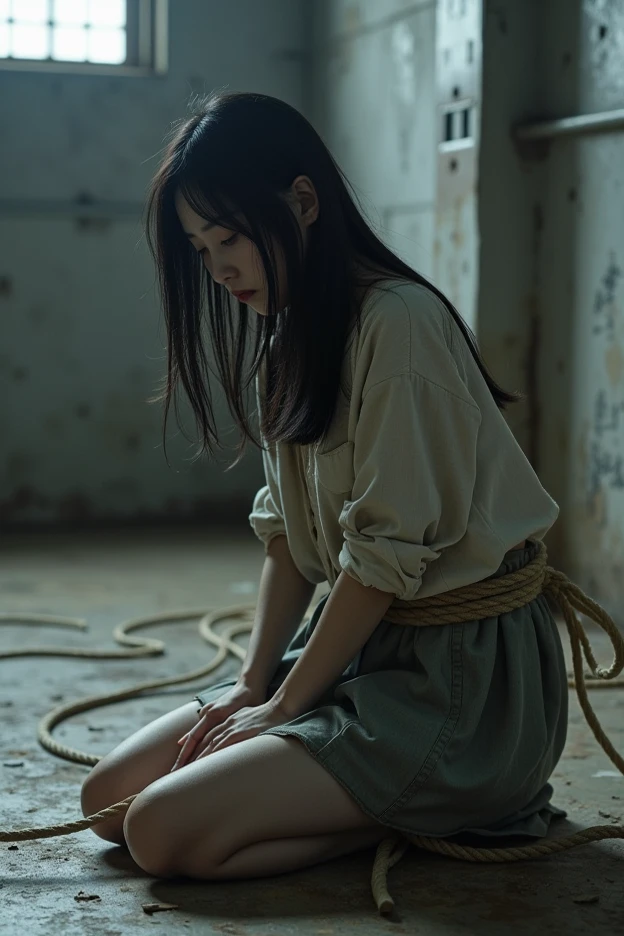 Korean girl, prisoners of war, at the prison, tied with rope - SeaArt AI
