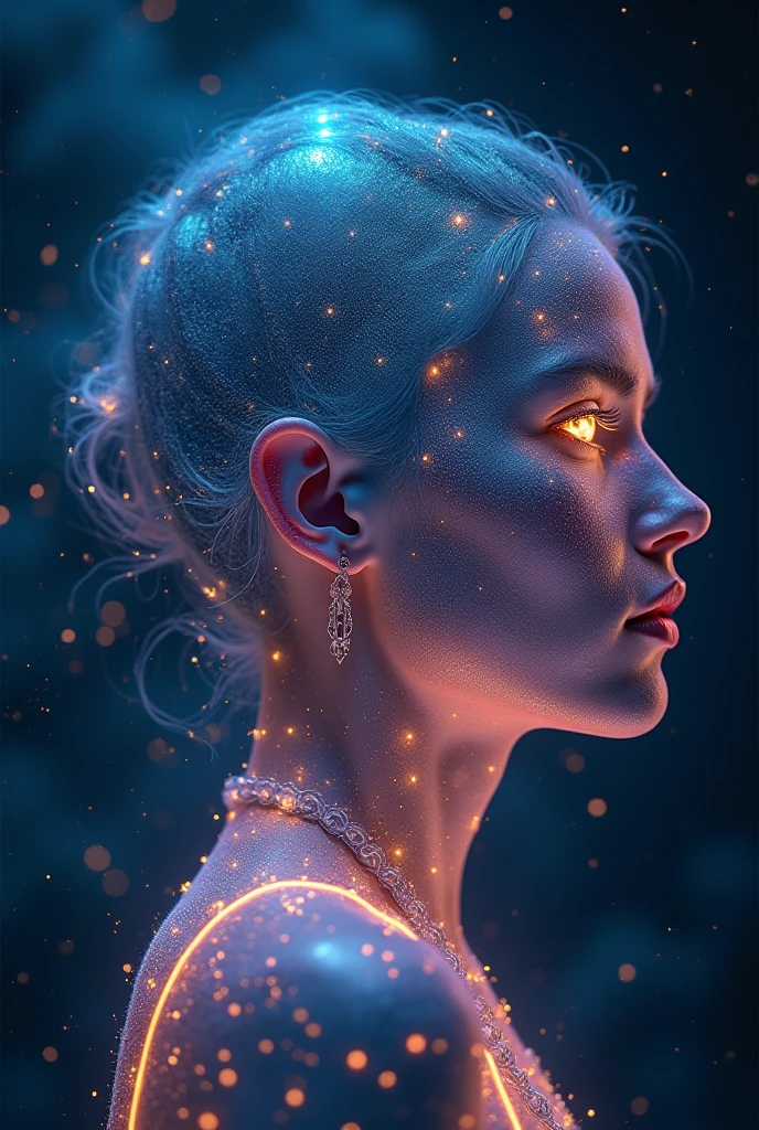(head of'artwork, best quality), 8k,(((very detailed))), Course:1.8,Super intricate Course pattern,colorful Course pattern,Corps transparent en fond de vitrail, mandalas,allumer,cold, 1 female,Open back,(earrings,blond),