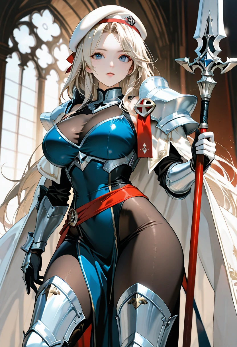 (masterpiece, top quality, best quality, official art, beautiful and aesthetic:1.2), (1girl:1.3), ((Sharp facial features, sharp features, hawkish features)), ((blue eyes)), busty brunette paladin knight girl, extremely detailed, portrait, looking at viewer, solo, (full body:0.6), detailed background, full-body shot, (warm mountain meadow theme:1.1), holy knight, (nun), charlatan, smirk, mysterious, swaying in mountains, armor, polished metal, gold trim, long boots, white fabric, pelvic curtain, robe, pale leather, ((((nun, greatsword, corona, holy aura, heavy armor, armored, long legs, pelvic curtain, toned, muscular)))), slim waist, slim hips, long legs, medieval (mountain exterior:1.1) background, dark mysterious lighting, shadows, magical atmosphere, dutch angle