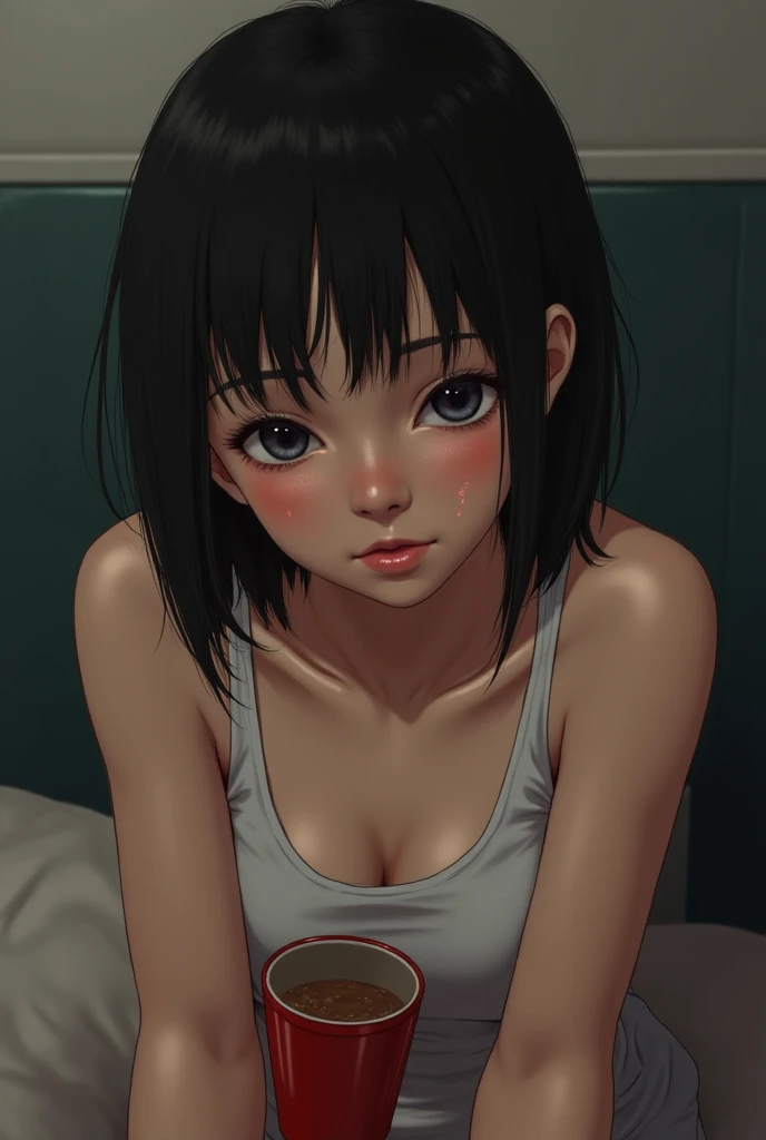 Girl lying on a bed,in white underwear,good anatomy,Best Quality,masterpiece,Whole body, girl's room,Deceptive work,black hair,black eyes,Small ,beautiful face,defined eyes,looking at the viewer, ((embarrassed, ashamed,blushing)),Closed mouth,Super detailed