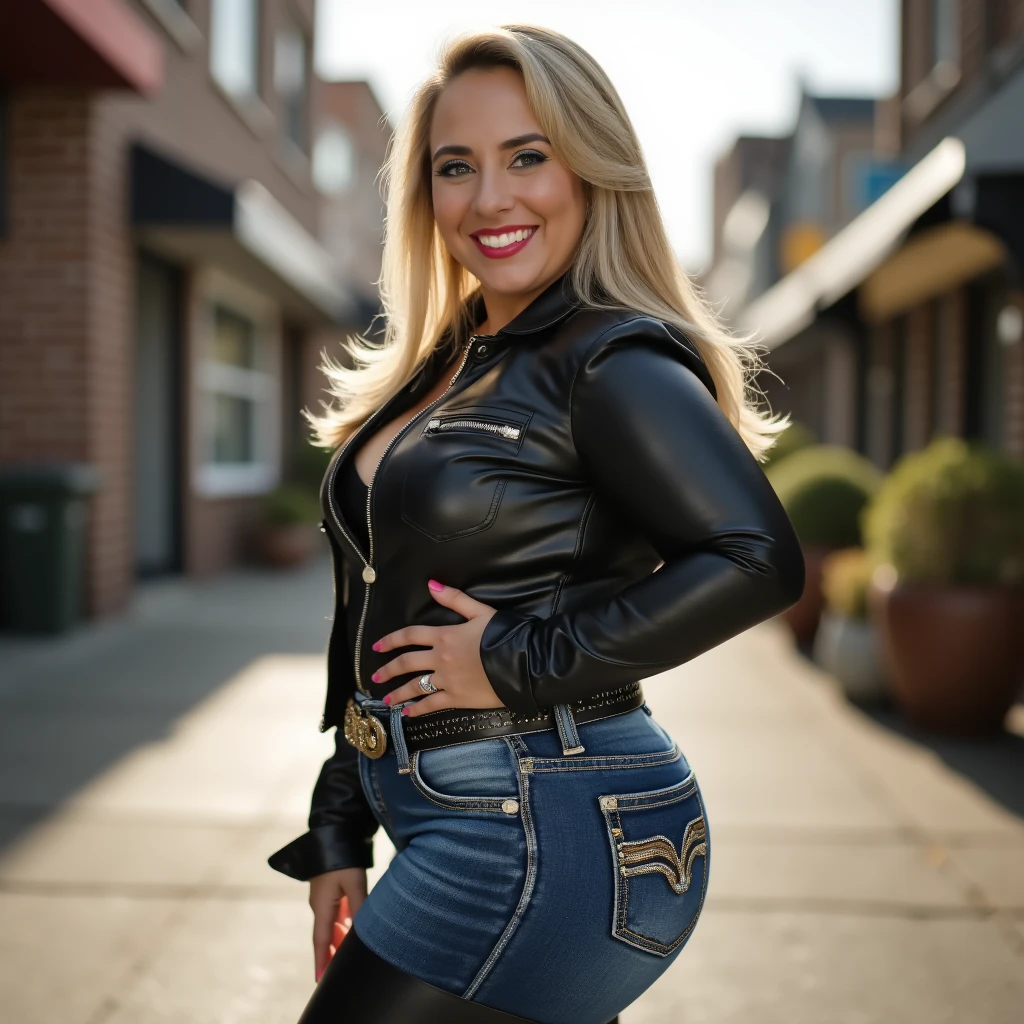 photorealistic, Bridgette, <lora:Bridgette-10:1.0>, pullover, jacket, jeans, upper body shot, earrings, jewelry