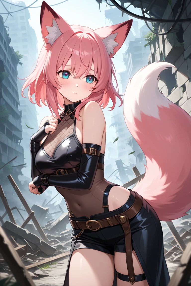 Walk in an apocalypse setting, [Best quality, shaded, extreme details, very detailed, ultra detailed, complex, realistic, perfect face], fenrir woman, thick fur, long hair, (red colored fur), almond eyes, smile discreet, serene face, wears a brooch around his neck.