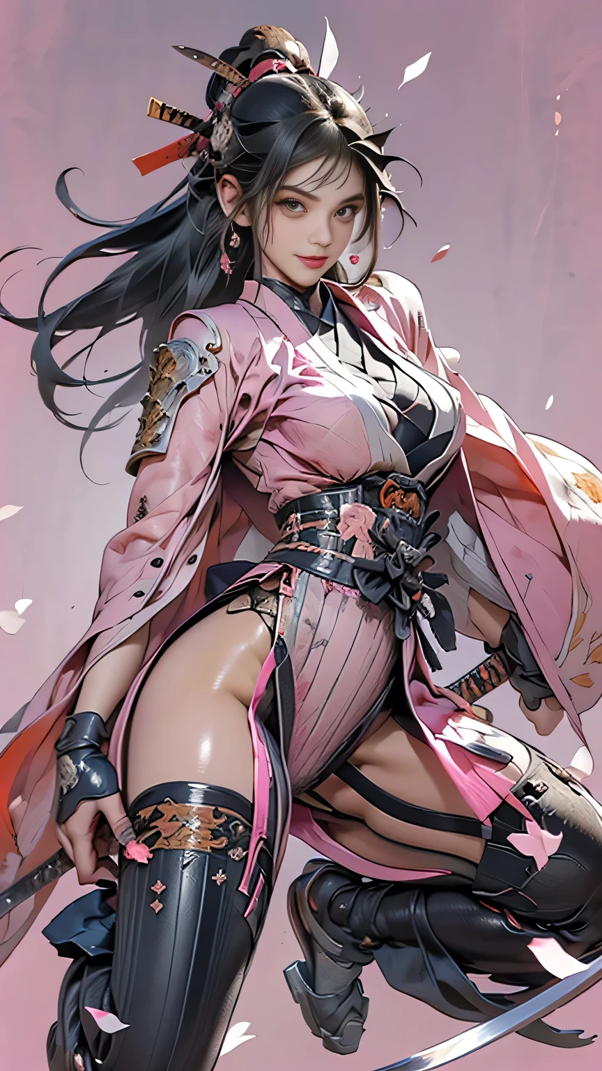 young woman,Oiran,(wielding a katana with great force:1.6), very detailedな, realist,(seductive smile),(from front),(full body:1.3),(battle pose:1.8), Brilliant Appearance ,extremely detailed, Imaginative,sensual ,Best Quality, skin texture,(hime cut:1.8),(black hair:1.6),muscular,(huge breasts:1.3),(underboob),(salmon Samurai armor:1.6),(black cloak),(gypsy skirt),garter belt,black tights,absolute region with to,intricate detail ,dynamic lighting,(Vivid_Pink background:1.6),(ranunculus flower confetti),(flowering ranunculus), RAW photos , 8k, masterpiece, Best Quality,plant,very detailed, intricate detail ,high resolution,超intricate detail,very detailed 8k cg wallpaper,