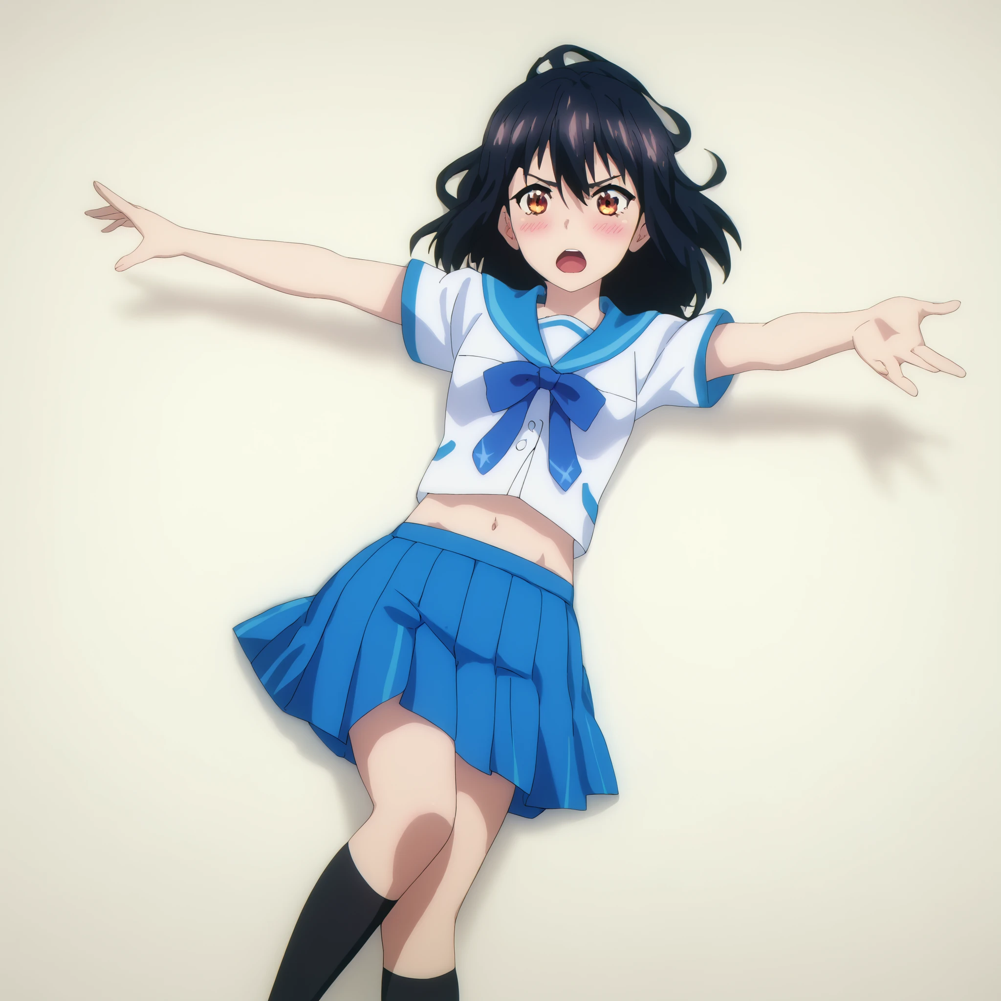 score_7_consolation, Break Source_Animation, HYukinaV4XL, 1 girl, alone, puzzled, skirt, , pleated skirt, blue skirt, socks, viewers,  knee-high , white shirt, clavicle, black socks, white background, navel, simple background, shirt, Shining skin, lying,  short sleeve , blue curtsey, curtsey,  open your mouth,  Over the bag  , miniskirt, Outstretched arms ,  sailor collar ,  sera suit, blush, curtseytie, blue curtseytie, blue  sailor collar , from above, Animation screencap, 