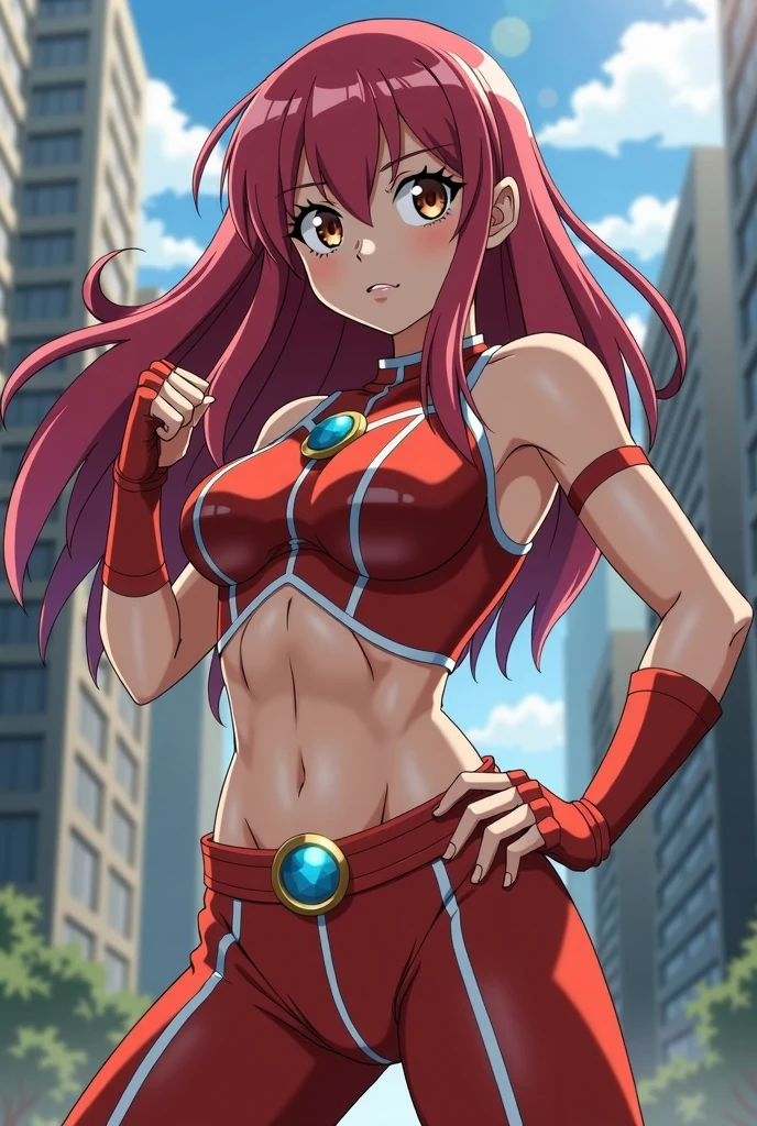 (masterpiece, stretching, upper body view, 4K, Best Quality, Anime style: 1.9, far view, Adult Woman, ultra detailed face, (cloud background, wrestling), Drawing lines, high resolution, Anime, lacus4), 1girl, Solo, curvy figure, Long hair, 鎖骨, scapular, (Detailed wide hair bangs, Hair Ornament, Detailed reddish-pink hair, shiny streaks, hair cover shoulders, golden crest), cleavage, large hands, (female wrestler). (Big blue eyes, shiny eyes), ((female wrestler, (slim body), , little biceps, closed fists, thighs)), ((perfect proportions, medium breasts, long belly)), (((red strapless, neck band))), happy, smile, (standing, looking at the viewer)