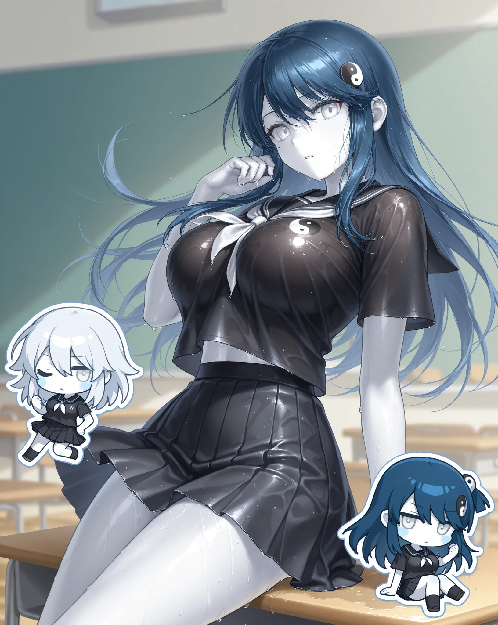 (3 girls:1.8)、standing with legs apart、 1 cute girl, highest quality、ウルトラ - High resolution、High resolution、Detailed CG、8k unit wallpaper、20-year-old、beautiful and detailed eyes,platinum blonde hair、random hairstyle、(((black and purple super shiny latex panties)))、((( black skin , Shirt with tie , cropped shirt , pleated skirt , cleavage ,oil skin)))、(shiny body,:1.5)、 please be shy、(Ahegao:1.5)、(Stick out your tongue and drool)、full of embarrassment、sexy pose、((vapor))