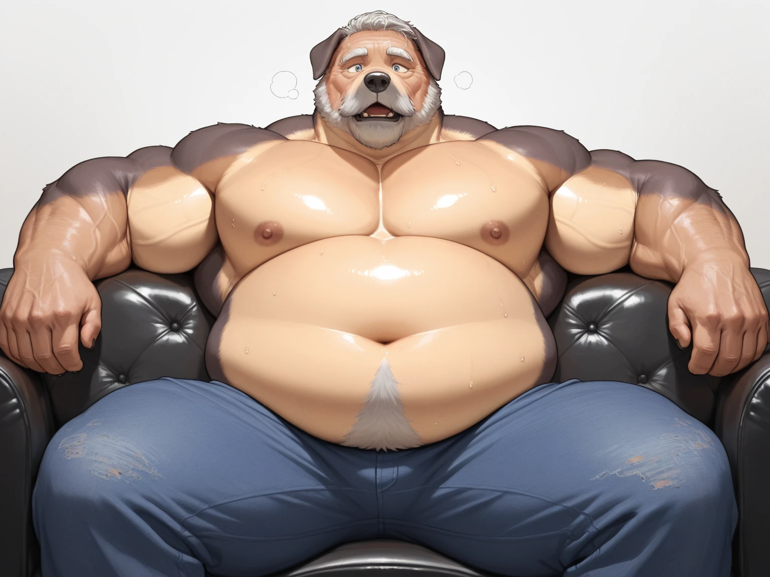Muscular chubby old man, mature dad, domineering and sexy face, short beard, hairy chest with small protruding nipples, bearish hairy belly, big penis, hair on chest and belly stuck to the skin from sweat, dad's pose is repulsive and sexually alluring to him, hands lying on the back of the sofa, hairy armpits and legs, sitting on a leather sofa, full body side view,(best quality, 4k, 8k, high, masterpiece: 1.2), ultra detailed, ( realistic, photorealistic, photorealistic: 1.37), detailed face, intricate details, cinematic lighting, dramatic lighting, cinematic angle, cinematic pose, dramatic shadows