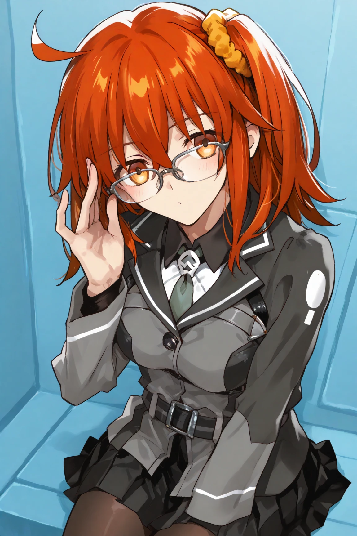 (masterpiece:1.37), woman, (mature:1.5), extremely detailed eyes and face, long straight hair, (red hair:1.5), yellow eyes, (military uniform:1.25), futuristic, science fiction, hologram armband, unicursal hexagram-shaped pupils, standing, huge breasts, futuristic, (science fiction:1.5), hologram armband, best quality, 8k, highres, ultra-detailed, studio lighting, ultra-fine painting, sharp focus, physically-based rendering, extreme detail description, professional, vivid colors, bokeh, extreme attention to detail, tsurime, (swept bangs:1.5), long bangs, bright red hair highlights, two-tone hair, (wetting self:1.5), (crossed arms:1.5), embarrassed, humiliated, angry, (standing:1.5), tight pants, legs