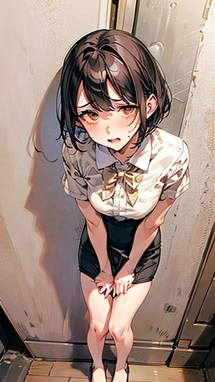 (masterpiece:1.2, highest quality), Super detailed illustrations, perfect anatomy, (skirt lift:1.5), ((grabbing skirt)),((panties)), alone, 1 female, small breasts, (blush all over the face), embarrassing, cowboy shot, (toilet:1.2),(toilet bowl:1.3), night:1.5),(dark background:1.1), , very fine hands, panty shot, ((accentuate white panties)), lift the skirt, place both hands in front of your stomach,