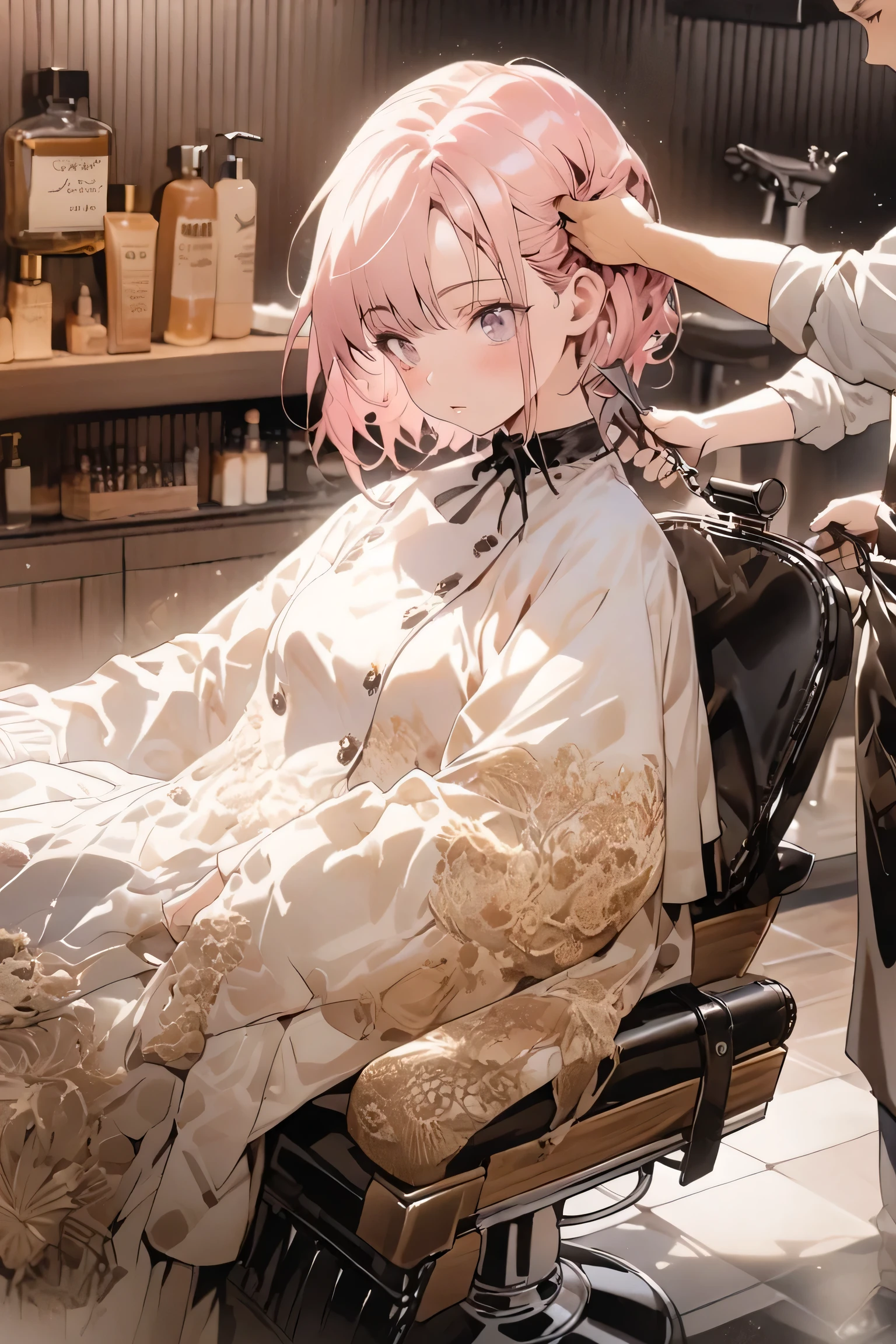 Create an illustration of a woman cutting to girl's hair, 
The woman has light brown hair,
(((The girl has pink short hair,The girl is sitting in a barber's chair))),and the background is a barbershop,
masterpiece, stylized aesthetic charismatic randomly composition places and deep breath detail pro-style digital watercolor wax and wash style intricate filigree images, meticulously craftmanship infinity artistic style