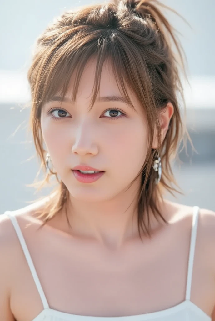 {top-quality}, {{​masterpiece}}, {extremely delicate and beautiful},Outstanding light and shadow, highly detailed wallpaper,Clear and bright sunlight,1girl in,medium shot、gaze looking beyond,red blush,Strong sunshine,delicate and messy hair,realistic skin textures, Pronounced pores and skin wrinkles,tropical rainforest,((strong light shines on the face)), The upper part of the body,  portrait,  photography, detailed armpit,  pubic hair, shiny  