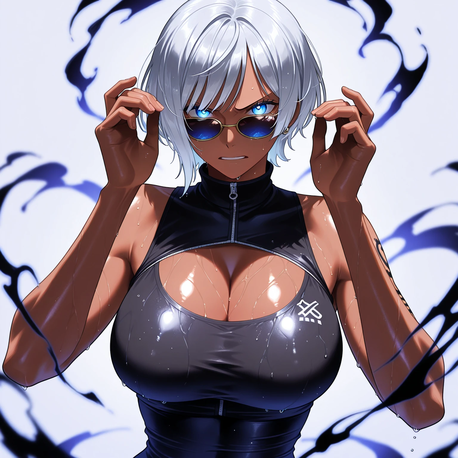 Woman who stands out for her short white hair that flows in cascades, giving her a distinctive and unique appearance. His gaze is framed by an eyepatch that covers his right eye, his hair covers the eyepatch to conceal it, adding an intriguing mystery to his presence. This detail is combined with purple eyes that highlight its uniqueness, creating an enigmatic and attractive image. His figure is athletic and strong