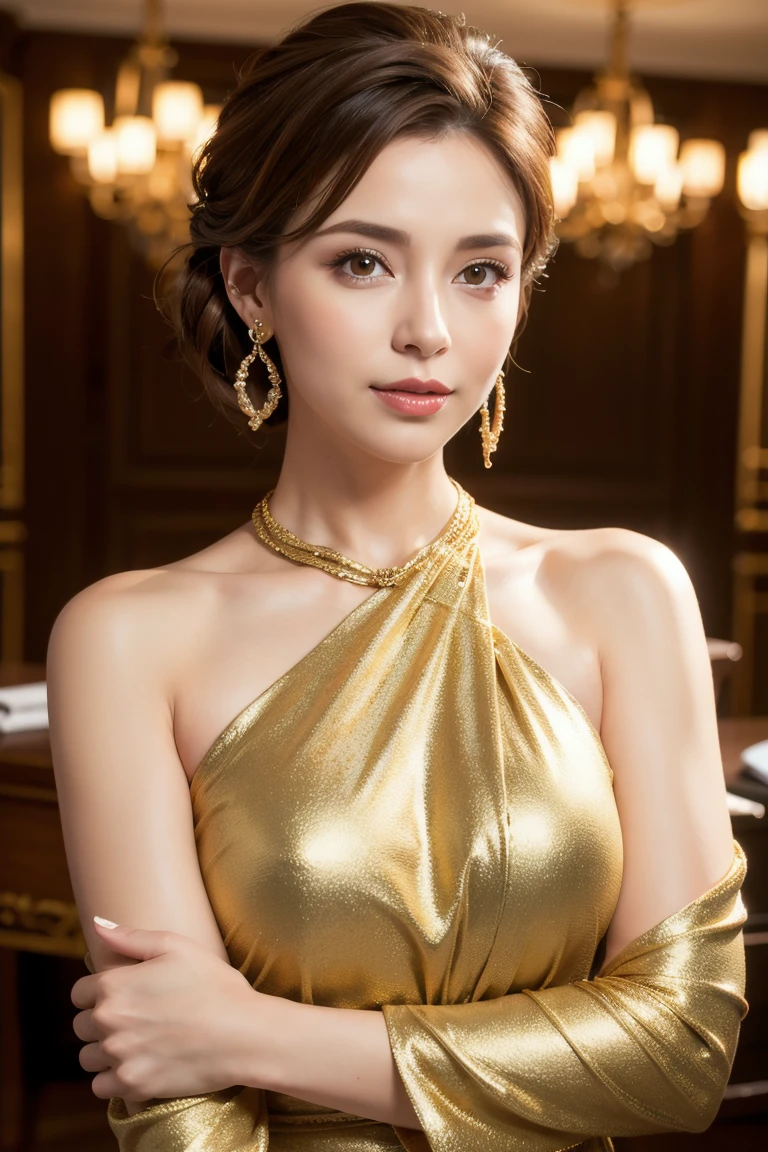 ((table top:1.4, highest quality)), (realistic pictures:1.4),
((1 girl)),
(超High resolution:1.2), very delicate and beautiful, wonderful,
Highly detailed CG Unity 8k wallpaper, Super detailed, High resolution, soft light,
beautiful detailed girl, highly detailed eyes and face, beautifully detailed nose, beautiful and detailed eyes,
(wearing a gorgeous golden dress:1.4),
cinematic lighting, perfect anatomy, slender body, thin chest,
(in a room of pure gold, solid gold furniture, pure gold chandelier:1.3), (A dazzling golden world:1.3), (Gold coins scattered and piled up:1.3), (Full of gems and precious metals:1.4), (light reflected in gold), Beautiful,
cowboy shot, looking at the viewer, smile
