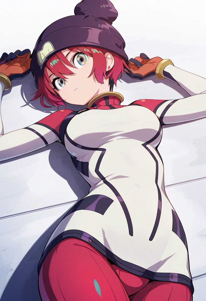   Amate Yuzuriha  ,one girl on her back,solo,staring at the viewer,
  Amate Yuzuriha  \(pilot suit\),Beanie,
Dynamic Pose,
masterpiece,of the highest quality,great quality,very aesthetic,absurd dress,