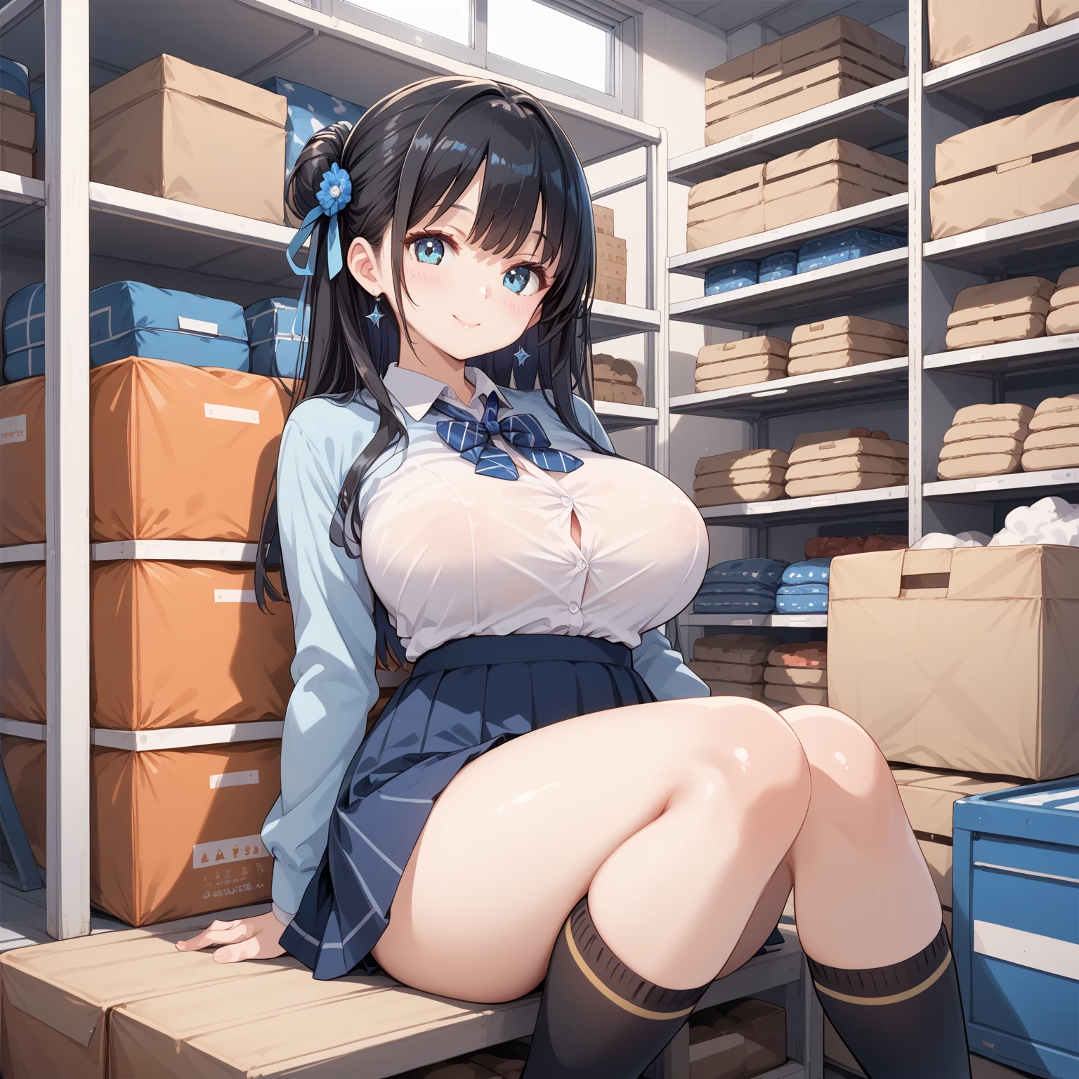 pleated skirt, (precise depiction of (pubic hair) and panties, (showing off her pubic hair)), ribbon, (stylish glasses), (dim old storeroom), (leaning backward),