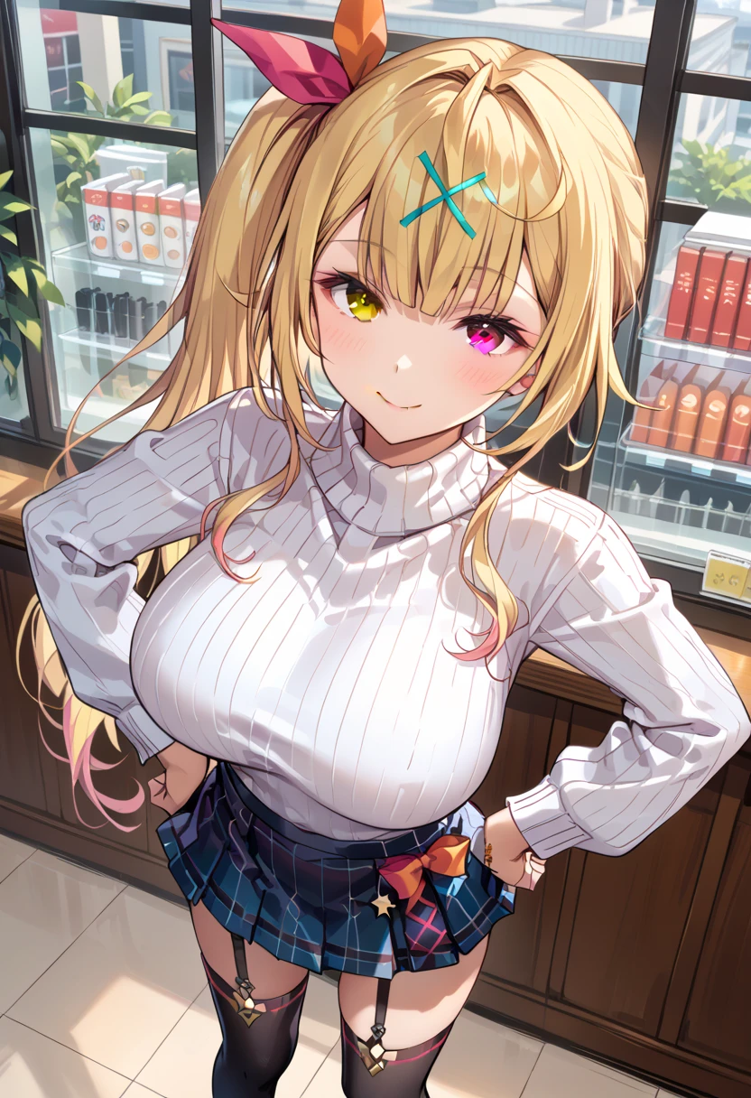 ((best quality)), ((masterpiece)), (detailed), perfect cute face(covered in cum), 20 years old Chinese girl, yellow wavy hair, blue eyes, wearing glasses, cum covered face, ultra huge tits, perfect slim body (cum covered), wearing office clothes with top button open, wearing belted mini skirt, standing in supermarket, holding fruit, smiling.