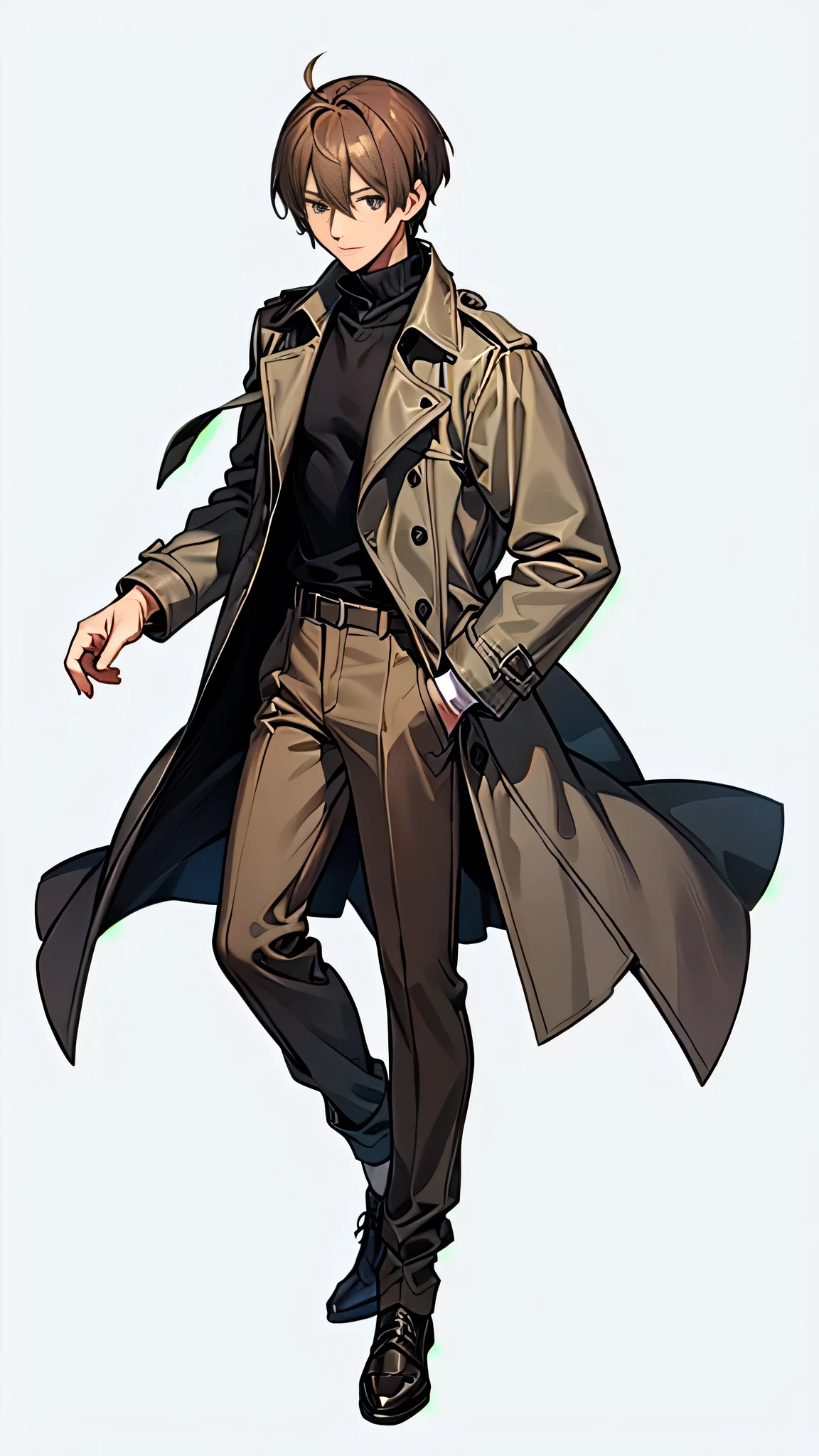 (Best Quality, Detailed, Adult, Mature), (Full Body, Perfect Hands, 1 Male), 1 Male, Solo, Lonely face, Short hair, missy hair, unfriendly, bangs, turtleneck, side locks, hair between the eyes, trench coat, coat, dark brown hair, gray eyes, ochre pants, grey socks, leather shoes, ((White Background)),