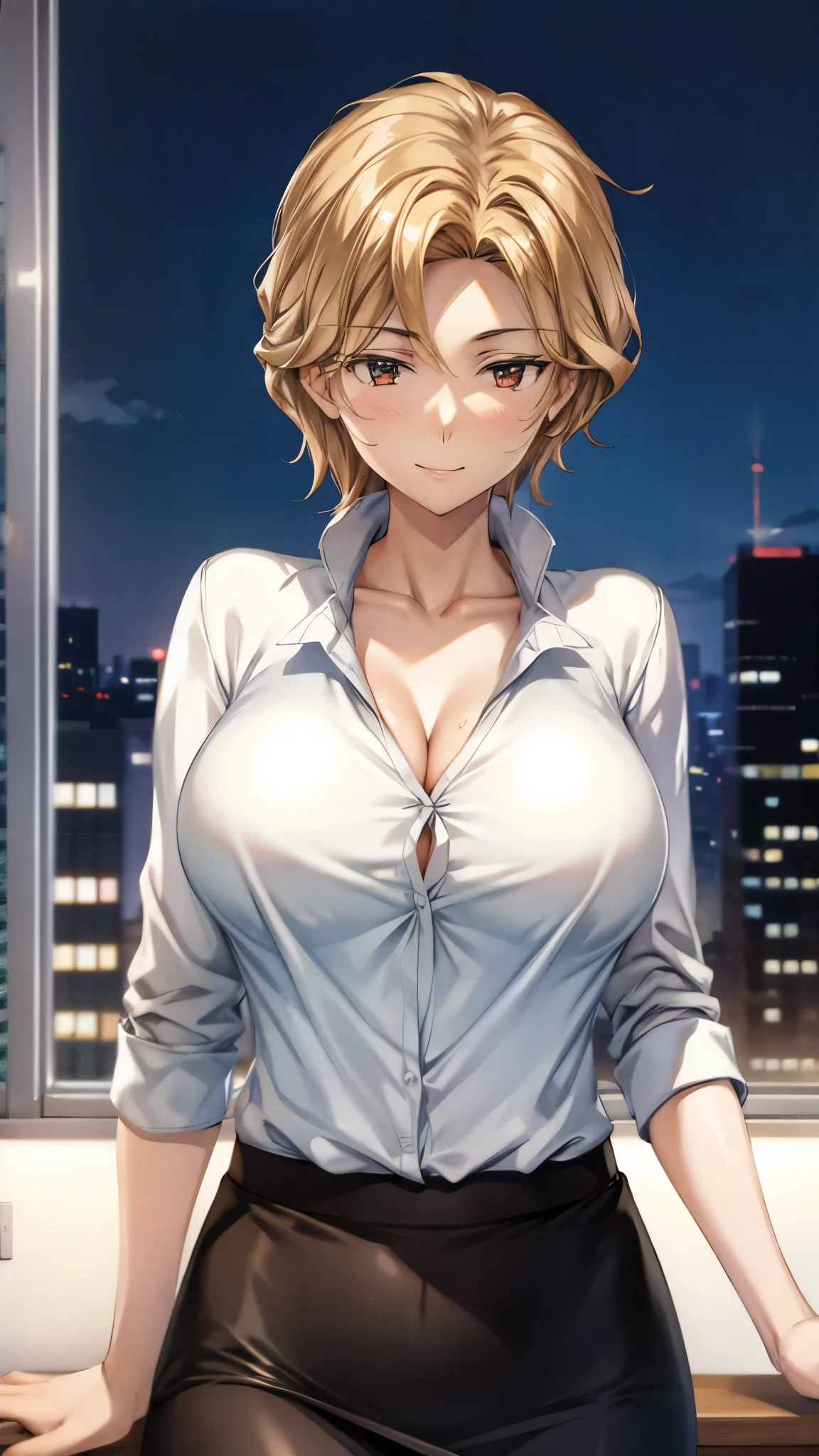 （（super high quality,））（（Ultra-high resolution,））（16K,）（super masterpiece,）（（Ultra HD ,））（Detailed shading,）One sexy office lady,Cleavage,popped Tight collar White shirts,smile,Office in the morning sun,