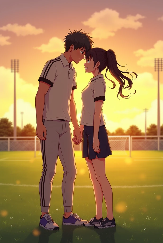  A woman and man standing in football ground looking at each lovingly and hugging each other.woman is wearing a dress and glasses.she has black hair .man is wearing a white and blue 32 number jersey. Man is 1 feet taller than girl.  Man one foot standing on football 