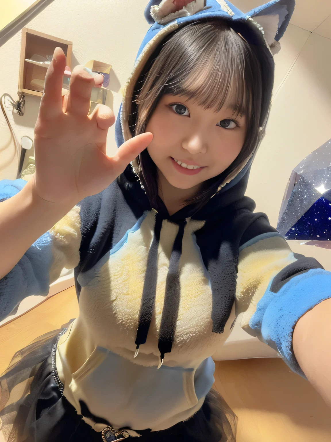 (((girl's room)))(((cute furniture background)))(((best image quality、highest resolution、greatest masterpiece、8k)))、(((Detailed Faces)))(((cute face)))(((Baby Face)))(((Young contour)))((( Lovely facial features)))、((( Blizzard 10 )))(((model body type)))((( Perfect pose line)))、(((Big Breasts 1.0)))((( Detailed Body .5)))、(((long straight hair)))、(((casual fashion(((wide々and Parker)))(((lapis lazuli animal hoodie)))((( black tulle skirt )))))))(((seductive smile)))(((Close-up view of a wonderful background with lots of hearts scattered around.5, Crystallization化した, Crystallization skin0.5, heart flash texture 0.5, shining crystal 0.5, ポセイドンのCrystallizationテクスチャー0.5, crystal cubism 0.5, 青いCrystallization0.5, Crystallization粒子0.5, Crystallization, sapphire crystal explosion 0.8, fractal detail diamond skin 0.5, glitter light reflection 0.5, Crystal Shard 0.5, Crystallization edges)))