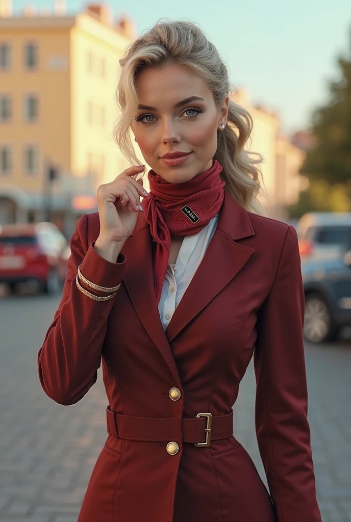 Sexy, mason, back, Smiling, Long blonde hair and green eyes, black croptop, Top, Jacket, Blue pencil skirt, Red boots, White gloves, high heels boots