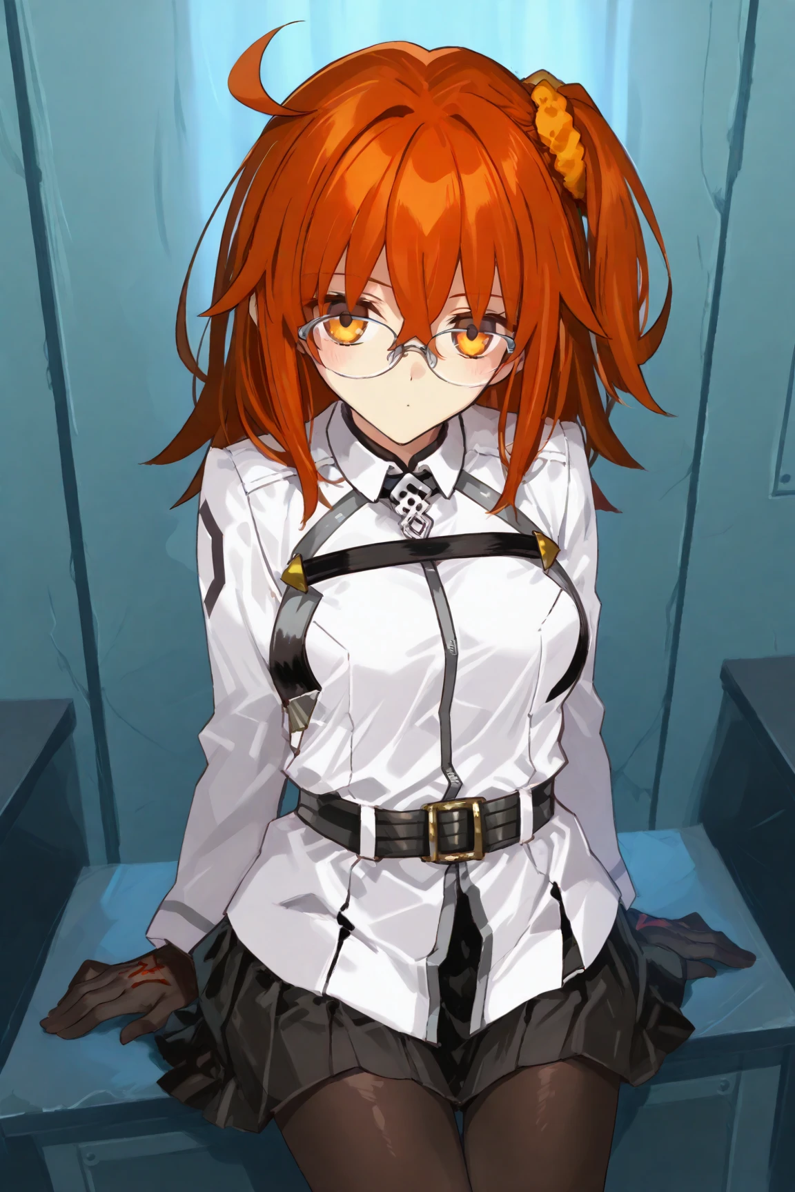 (absurdres, 8k, 4k, masterpiece, hyper extreme detailed:1.2), solo, 1girl, front view portrait, best quality, expressive eyes, perfect face, 1girl, portrait, titan, very long hair, twintails, polka dot bow, orange gradient hair, stockings, pale, adult, short, fun, happy, funny, comedic, smile, looking at viewer, dot pupils, suspenders, gradient hair, blue gradient, purple gradient, orange gradient, glasses, orange stockings with white stripes, adult, mature, petite, cigarette, smoking, nighttime, long coat, white coat, fluffy coat, fur coat, scarf, boots, gloves, hood, coat, standing, mature female, adult, half body, bound, bondage, (arms behind back:1.4), bdsm, tape gag, tape, tape bondage, close-up, restrained, best anatomy, curled up, full body, standing, taped thighs, taped legs, legs together, sitting, chair, tape wrapped, wrap gag