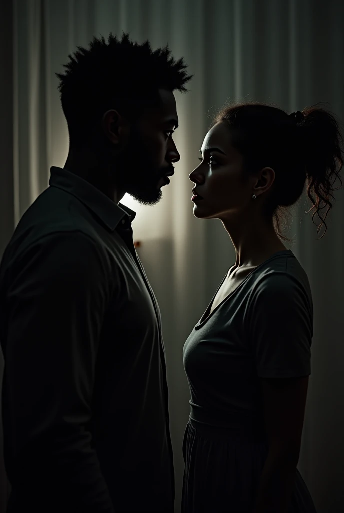 Absurd resolution, high resolution, (masterpiece: 1.4), hyper-detail, a young Asian woman kneels in front of a large, black haired, African American man who looks down at her while she looks up with fear