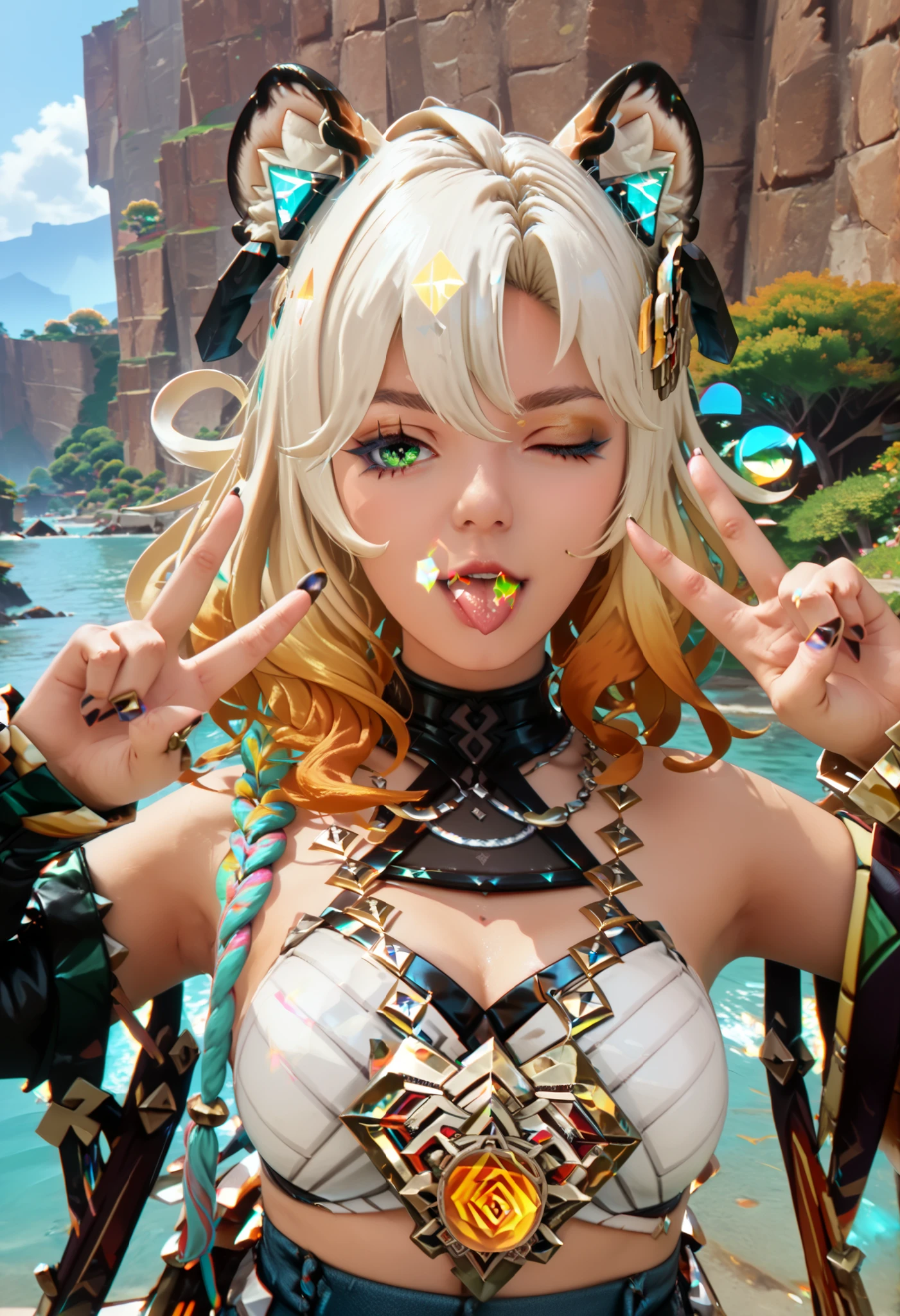 score_9, score_8_up, score_7_up, Photorealistic, masterpiece,best quality,amazing quality, outdoors, 1girl, upper body, pov, double V, eye closed, tongue, breasts, xilonen, multicolored hair, green eyes, animal ears,