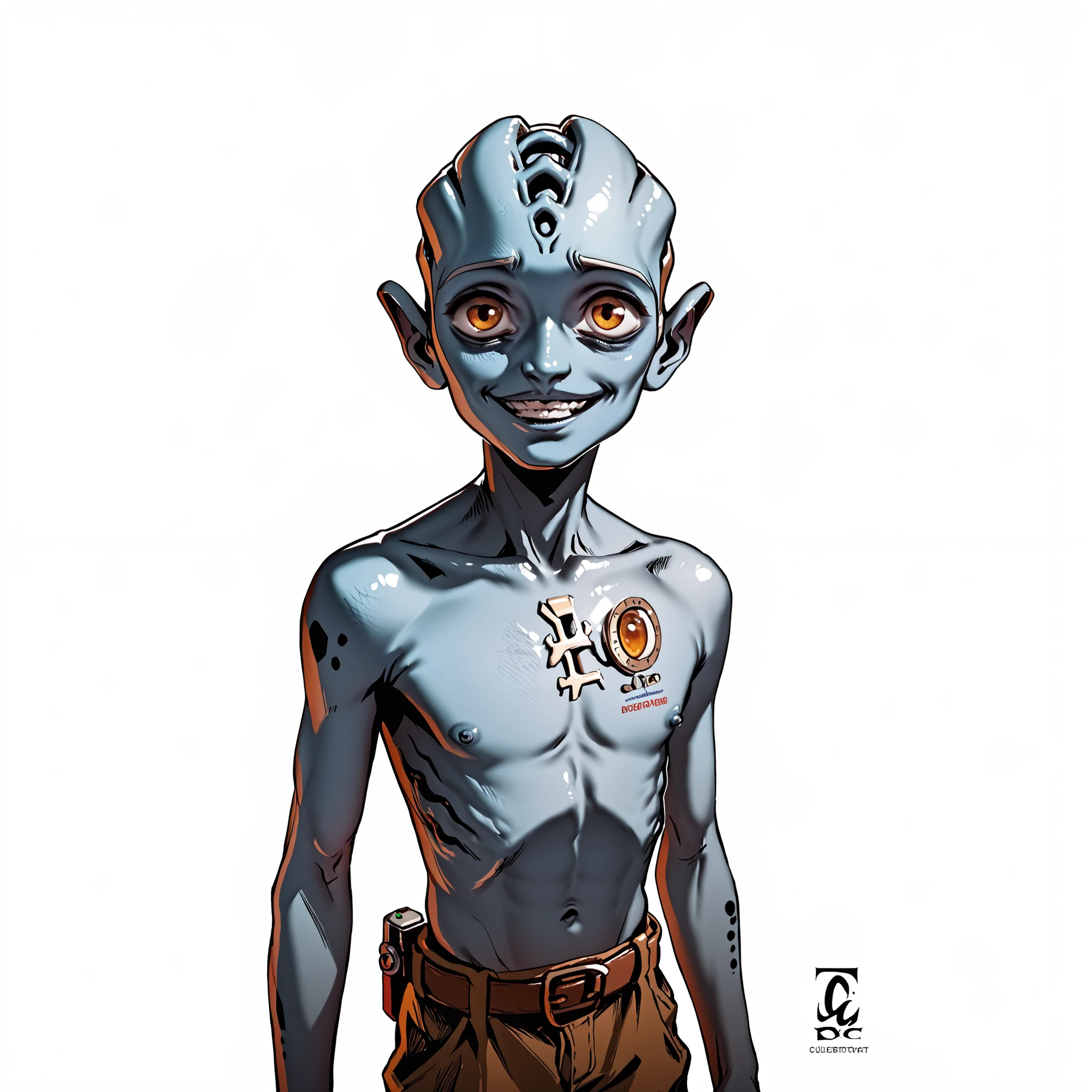 score_9, score_8_up, score_7_up, blue skinned male alien, skinny, young man, big smile, multiple metals on his chest.
student in the laboratory, He is in her laboratory in her space craft, working on a new teleport device. (Looking up at viewer) ((white background))