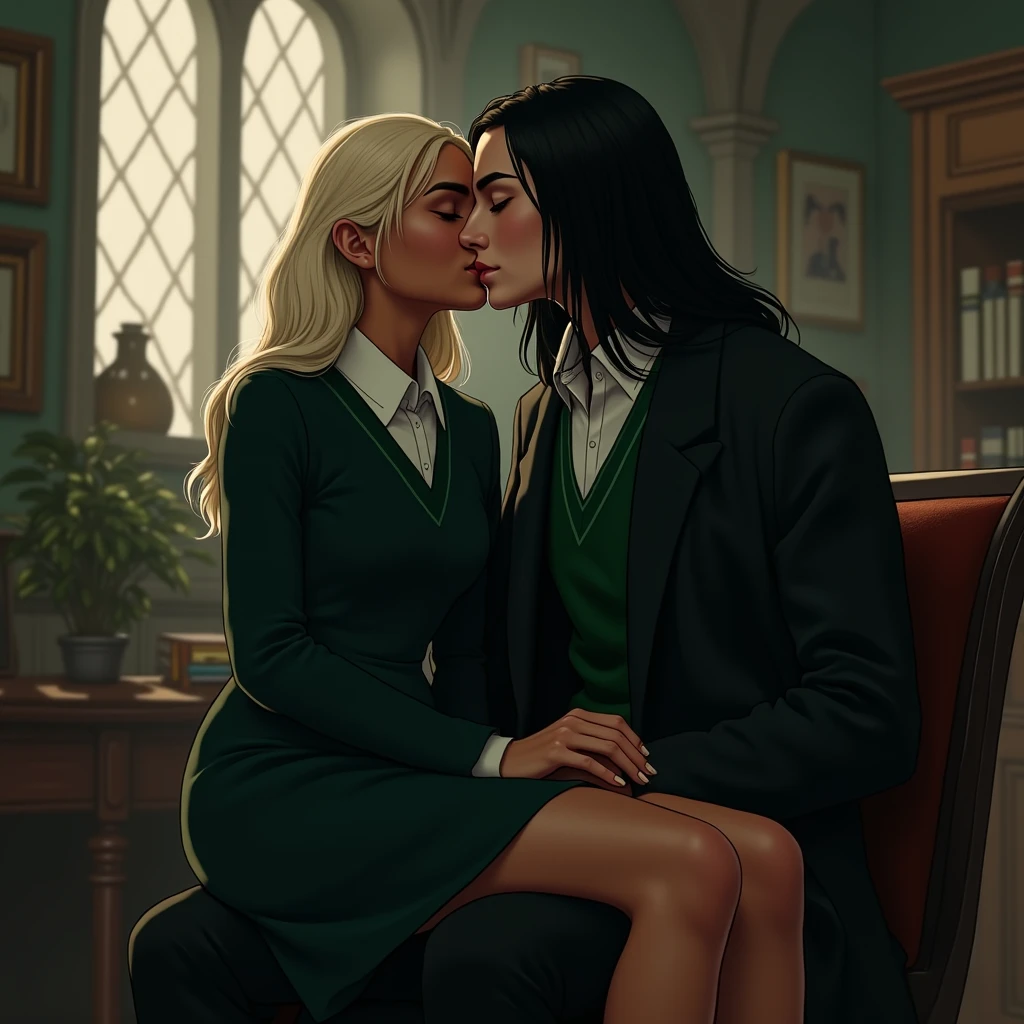 Anime Colorin , A dark brown haired girl in a Slytherin uniform kisses Lucius Malfoy in forbidden love , Hogwarts , Keller , Heimliche Beziehung , dunkle Farbpalette , versteckt vor Severus Snape
