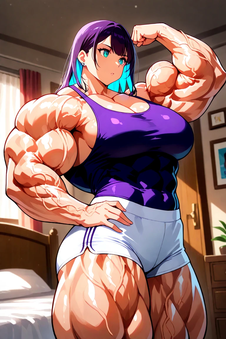 Breast hug,leaning Forward, Sweat:, Top quality, one beautiFul woman, 10 years old, Dark purple eyes, 35mm lens, F/1, Extra long hair, Purple Hair, Pale skin, , Slender figure,model, Show muscles,Confident smile ,Show your muscles, (Purple Bikini:2), permanent, (View:1.5), Forehead, single bun,(((Bodybuilder:1.5))),Super Muscle
