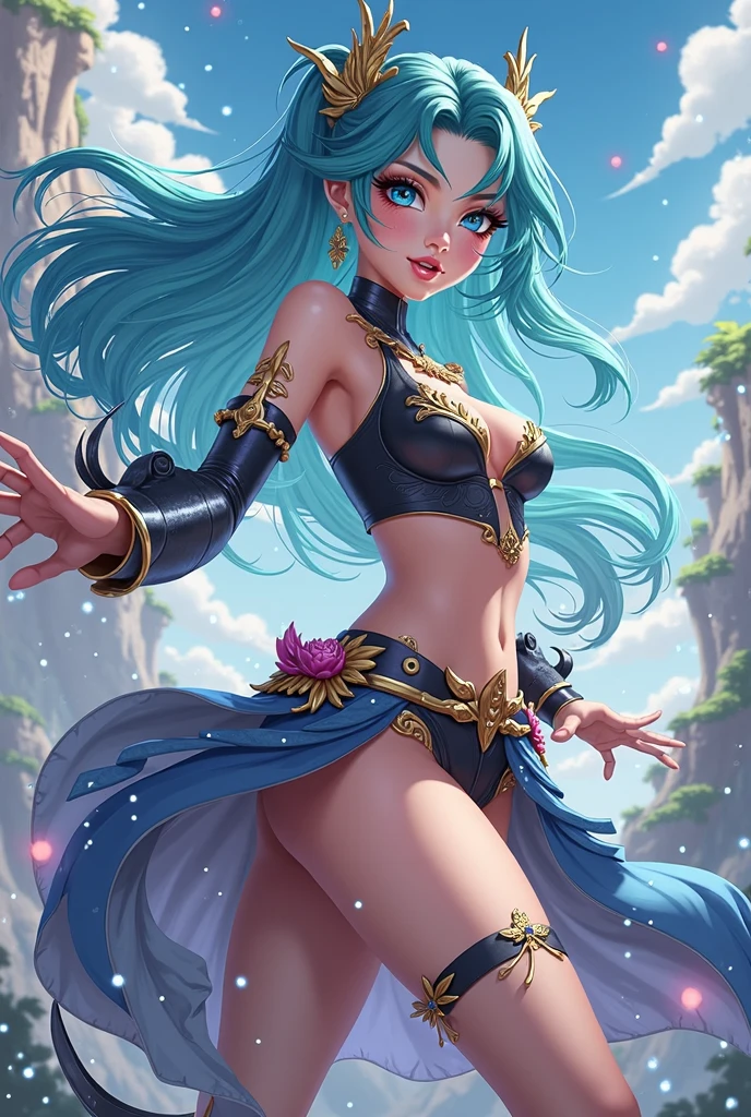 Beautiful girl, pirate outfit, long blue hair , light tan skin tone, na proa do navio, looking at the starry sky and full moon